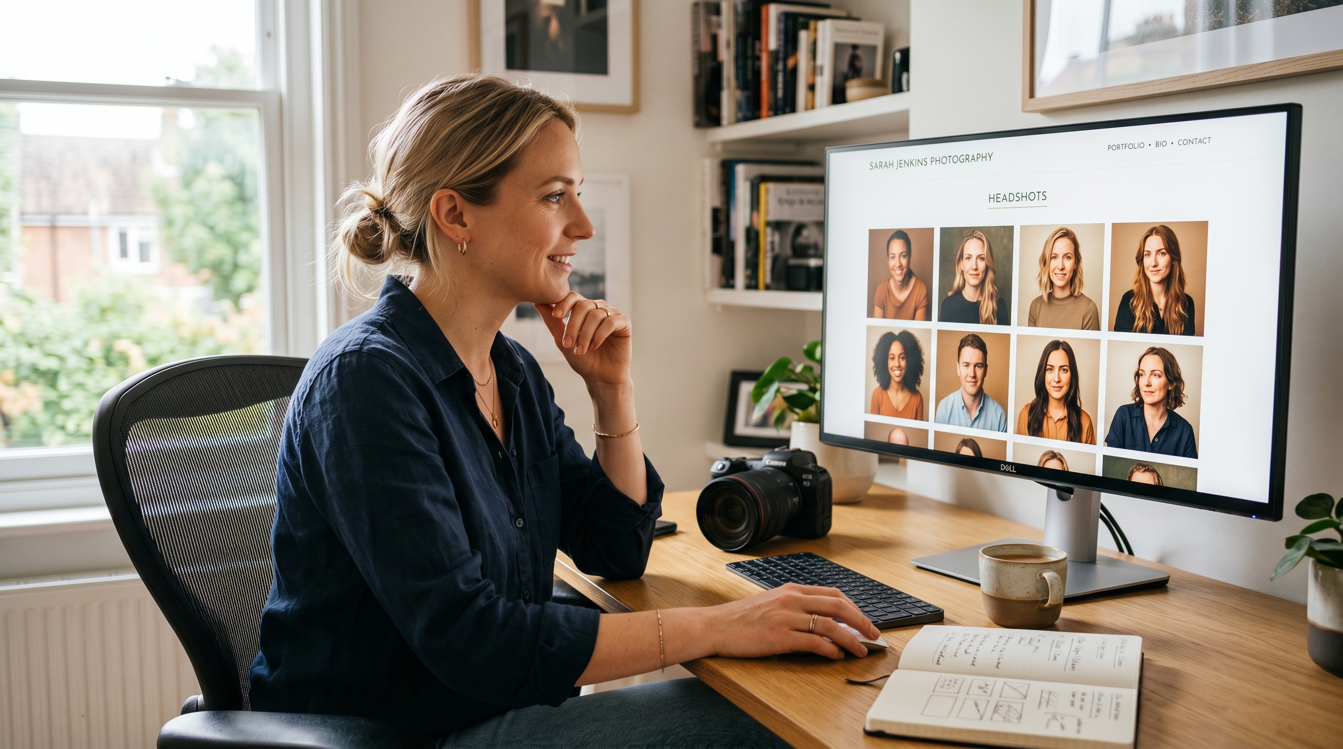 A portrait photographer reviewing her newly redesigned and focused portfolio website on a desktop monitor in a modern home office