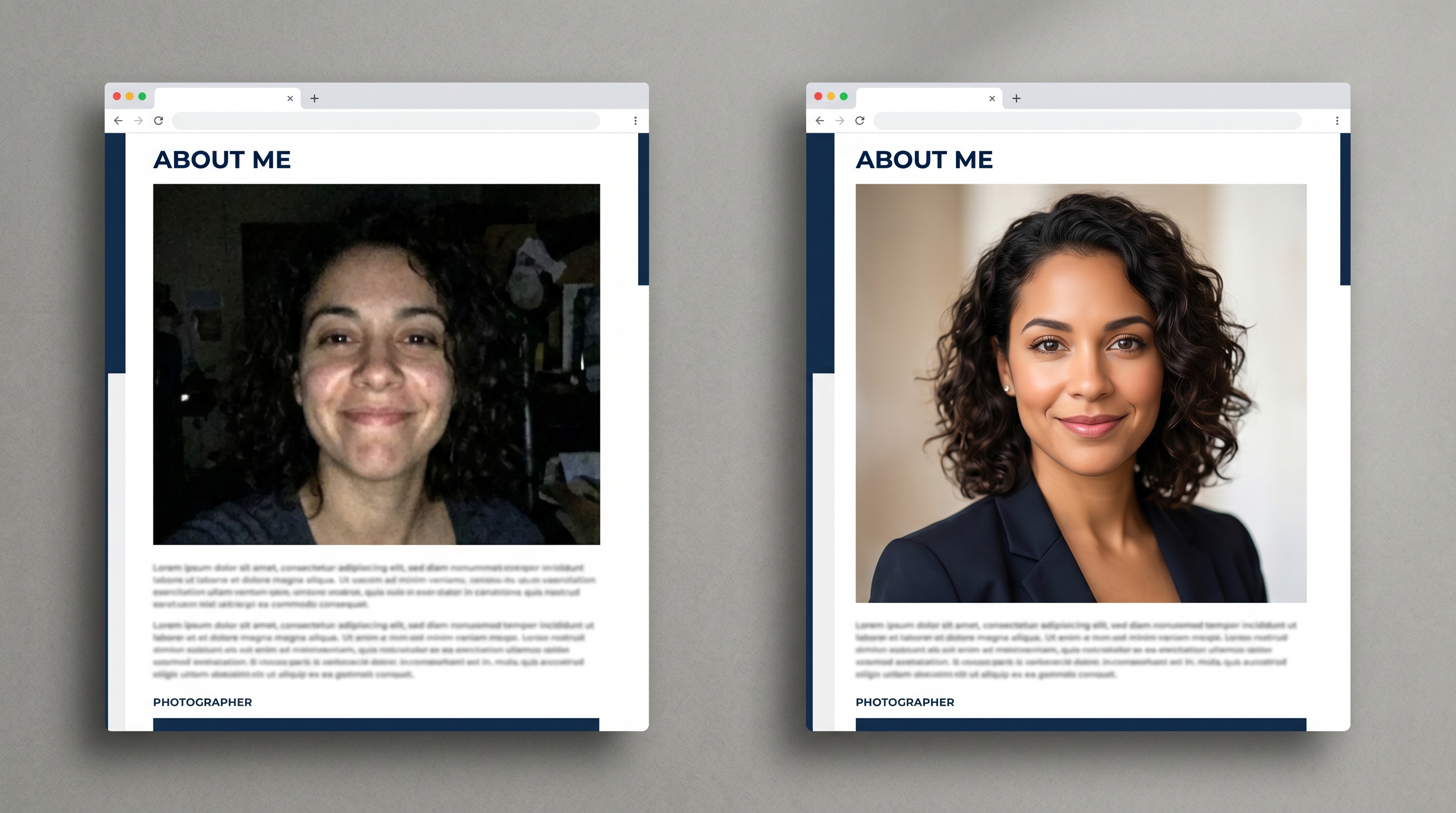 Before and after comparison showing a casual selfie versus a polished professional headshot on a photographer's About page, illustrating the credibility difference