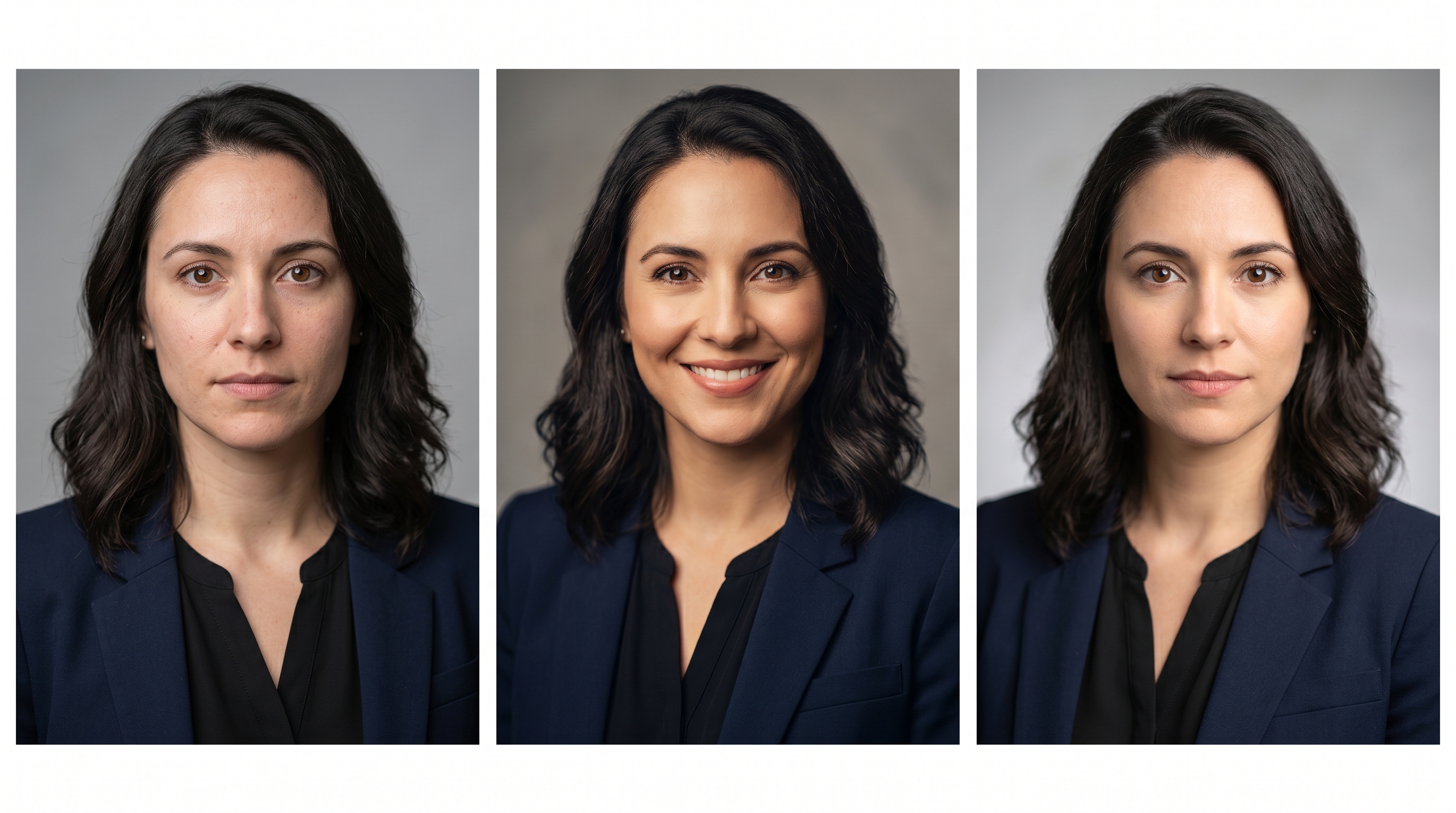 Side-by-side comparison of three AI-generated professional headshots showing different levels of photorealism, aesthetic polish, and customization