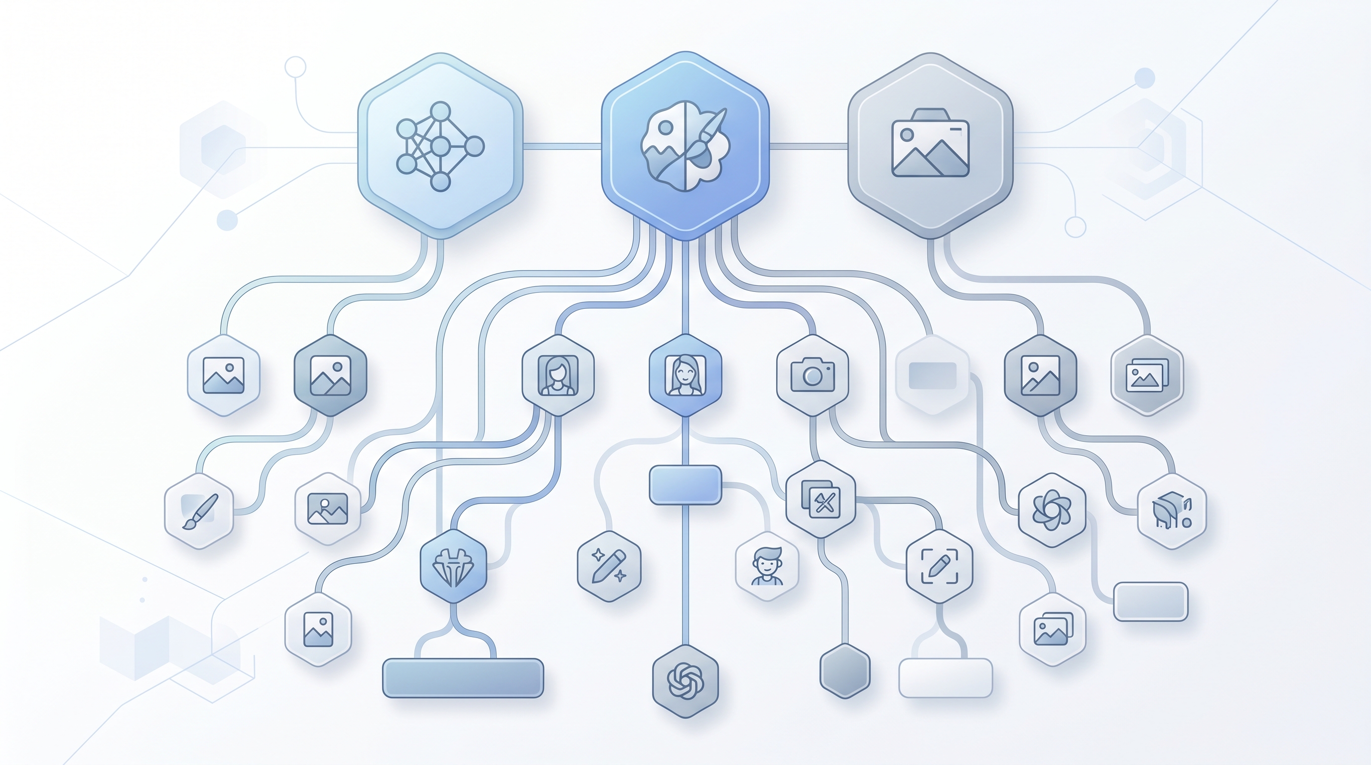 Infographic-style illustration showing the relationship between AI foundation models and the consumer tools and applications built on top of them