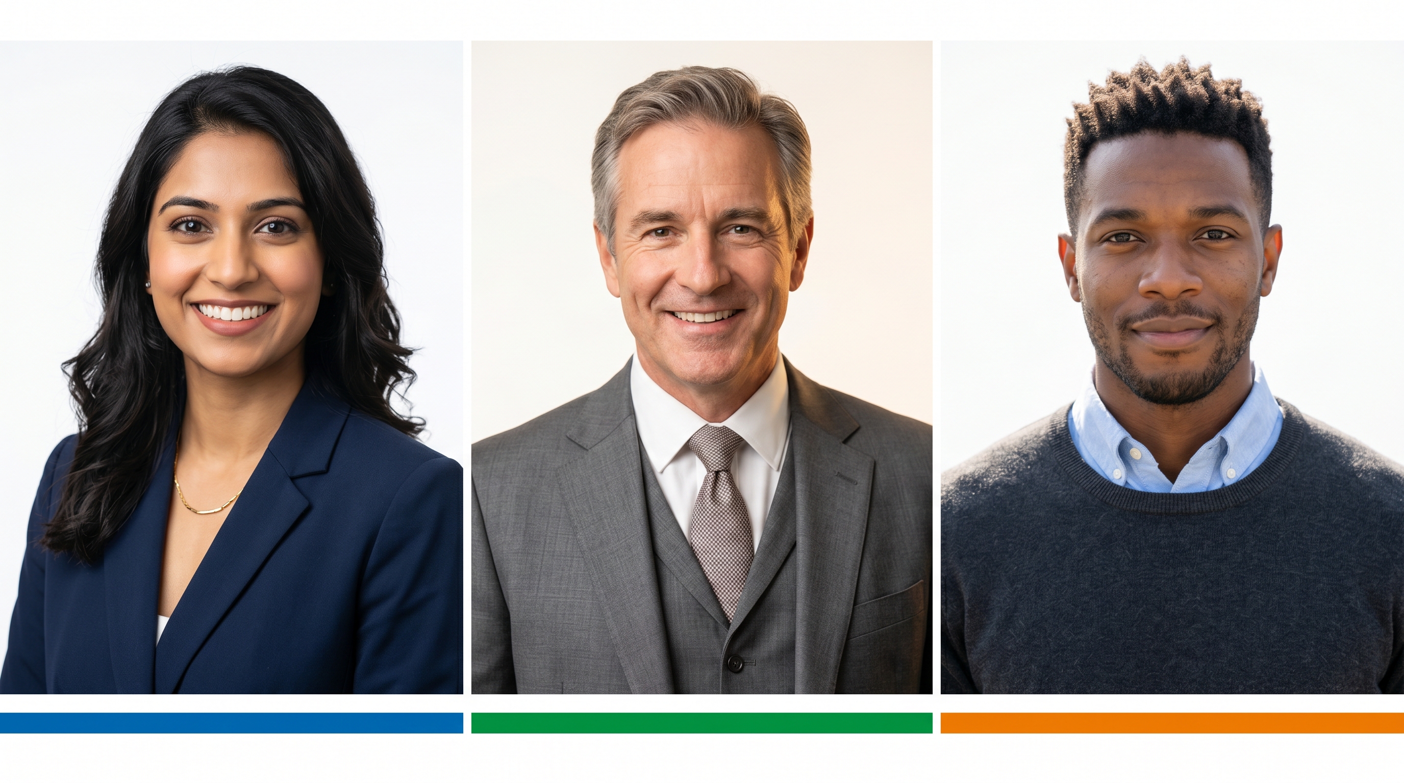 Three professional headshot portraits displayed side by side, representing the type of standardized portrait prompts used to test each AI model