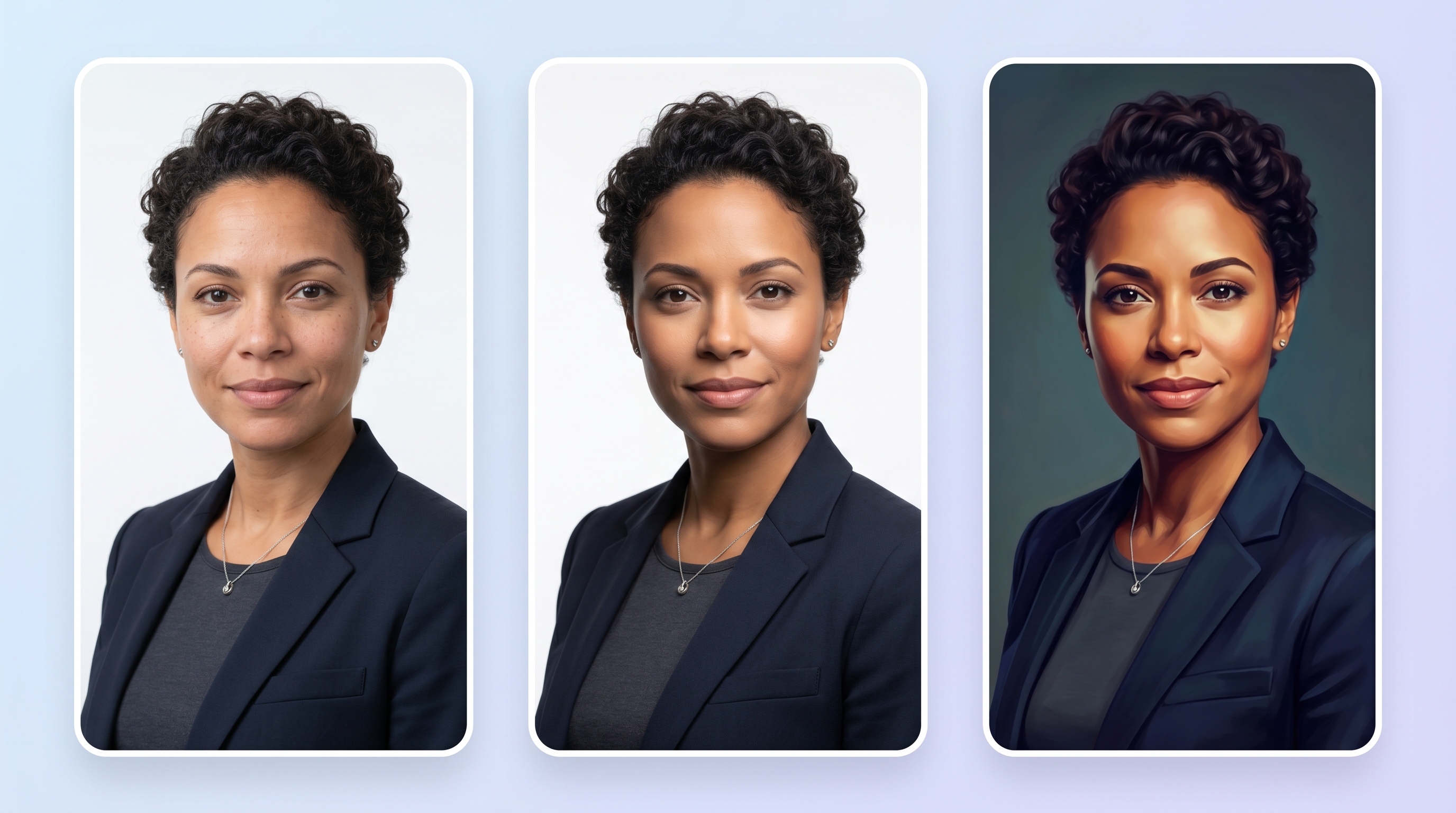 Side-by-side comparison of AI-generated portrait outputs showing subtle quality differences in skin texture, lighting accuracy, and artistic style across three models