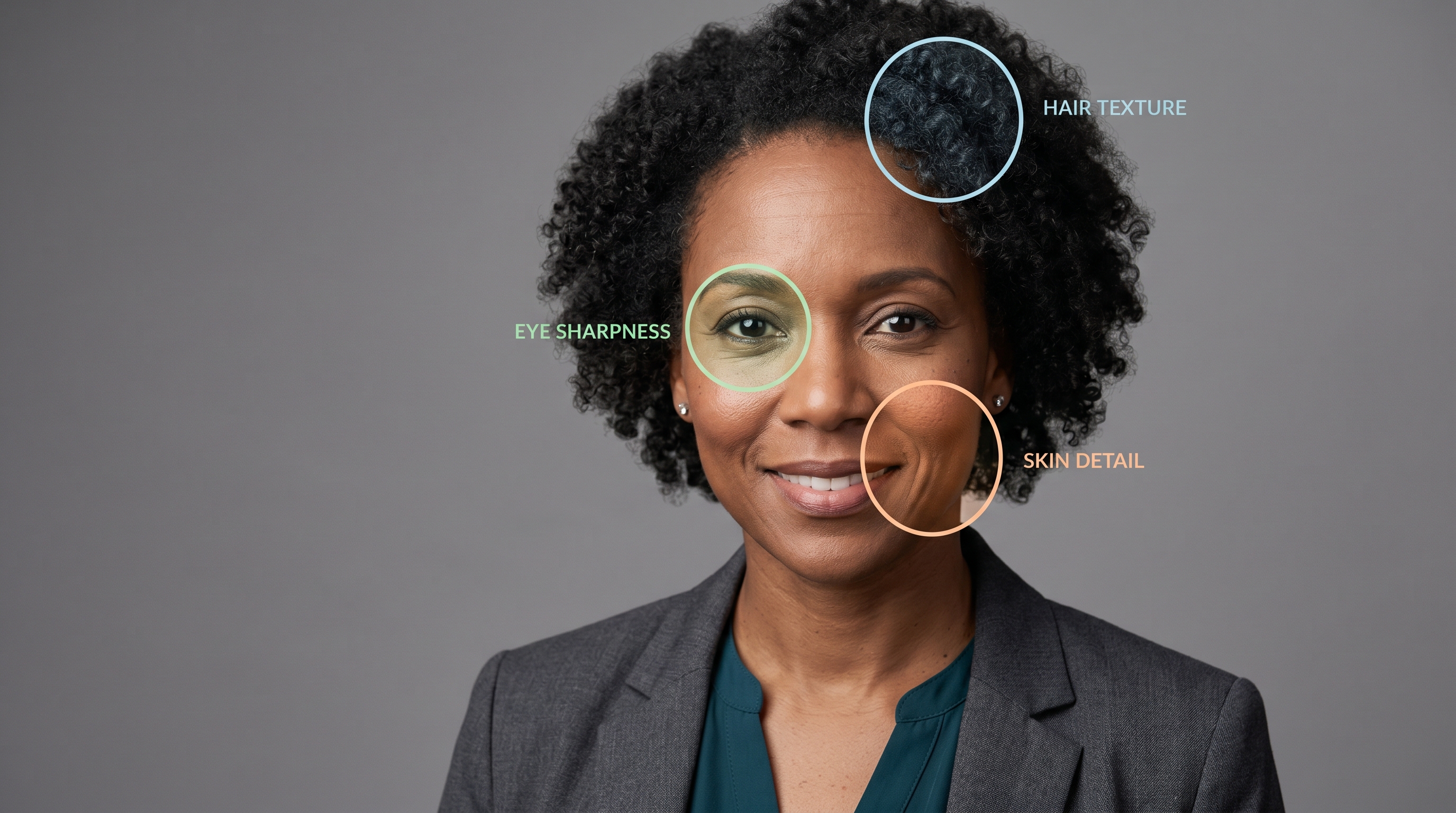 Professional headshot portrait used as a case study prompt, showing a 45-year-old Black woman with natural hair and soft studio lighting, with quality analysis annotations