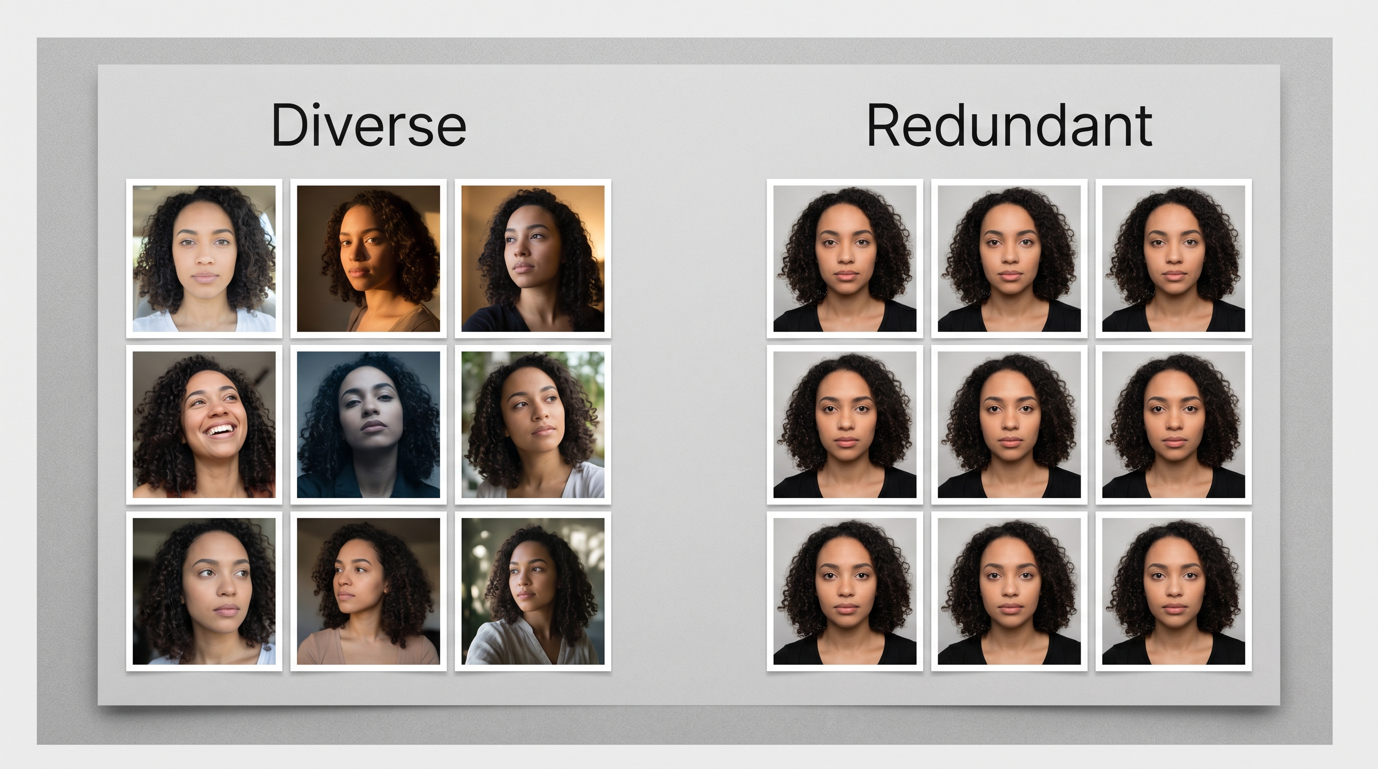 Side-by-side comparison of diverse training photos showing varied angles, expressions, and lighting versus redundant training photos that all look nearly identical, illustrating why input photo diversity matters for AI headshot quality