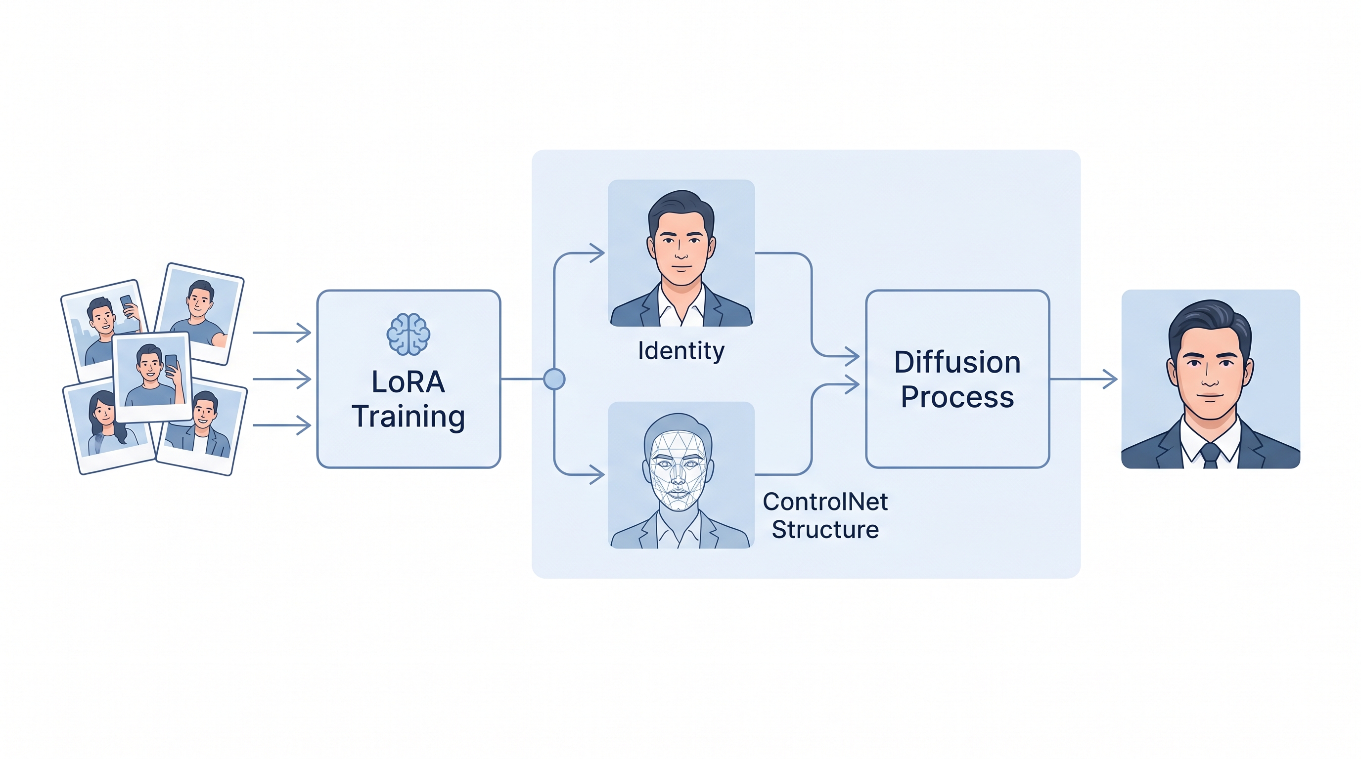 Diagram showing the AI headshot generation pipeline from input selfies through LoRA identity training and ControlNet structural conditioning to the final professional headshot output