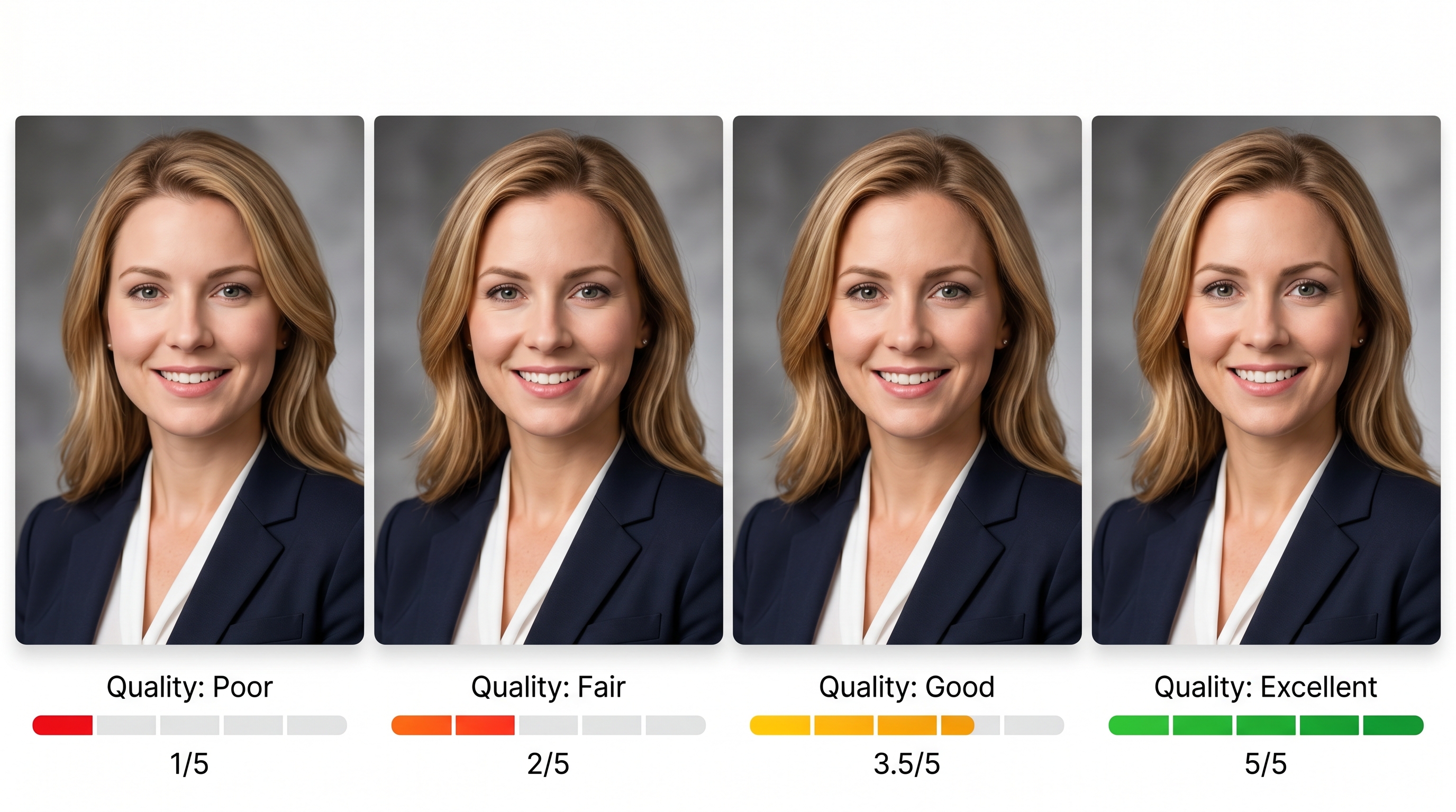 Four AI-generated headshots of the same person showing varying levels of identity preservation quality, from poor resemblance on the left to excellent likeness on the right, illustrating real-world variance between generators