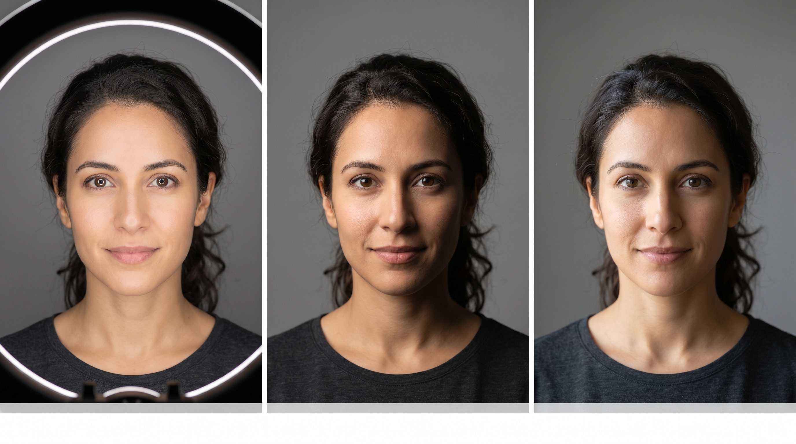 Side-by-side comparison of the same portrait lit by ring light, softbox, and natural window light, showing different catchlight shapes and shadow patterns on the face