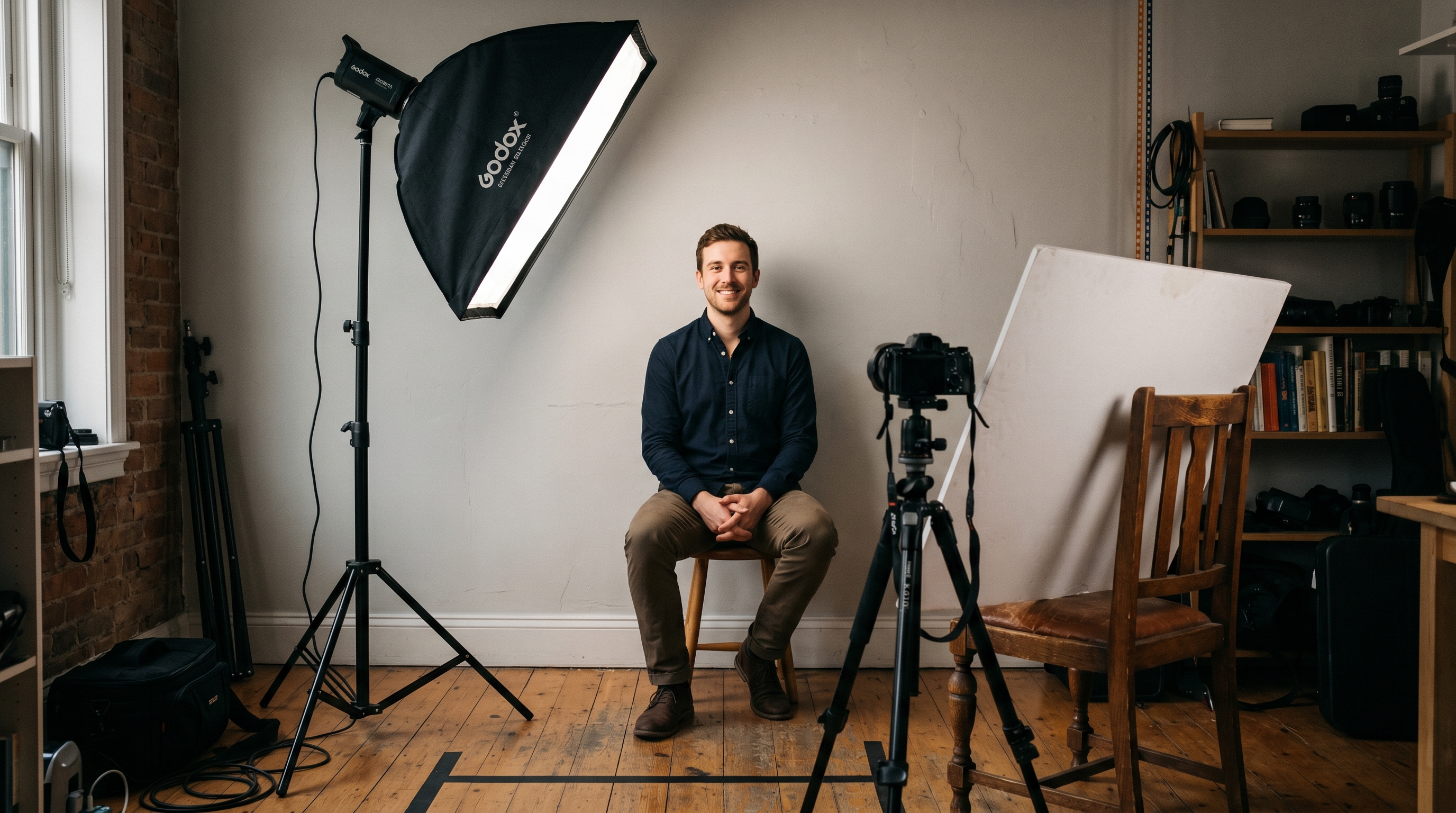Behind-the-scenes view of a single softbox portrait setup with a foam-core reflector on the opposite side, showing proper 45-degree light placement