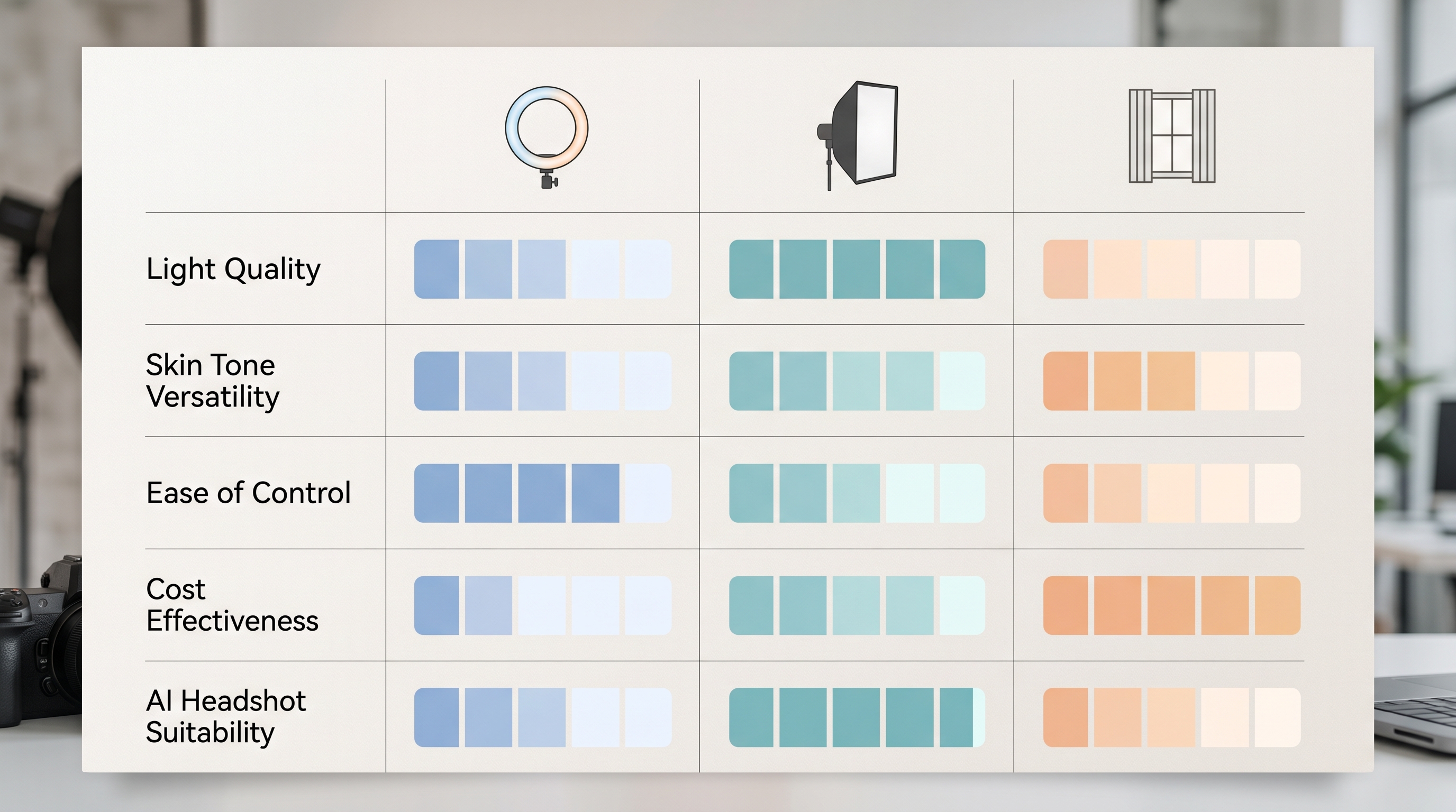 Visual comparison chart rating ring light, softbox, and natural window light across five categories including light quality, skin tone versatility, ease of control, cost, and AI headshot suitability