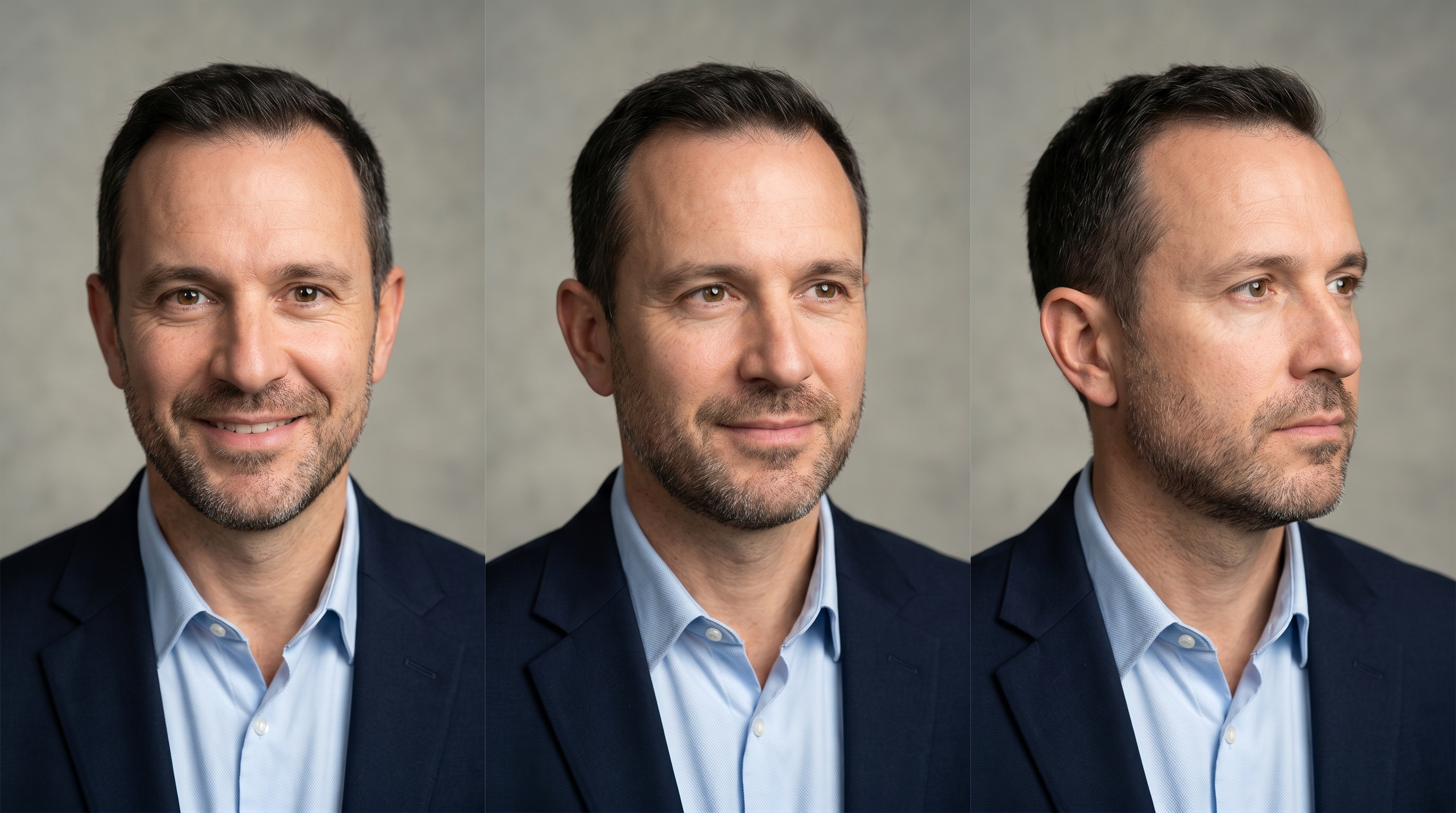 Side-by-side comparison of three professional headshots showing direct gaze, slight off-axis gaze, and averted gaze, demonstrating how eye contact direction affects perceived trustworthiness and approachability