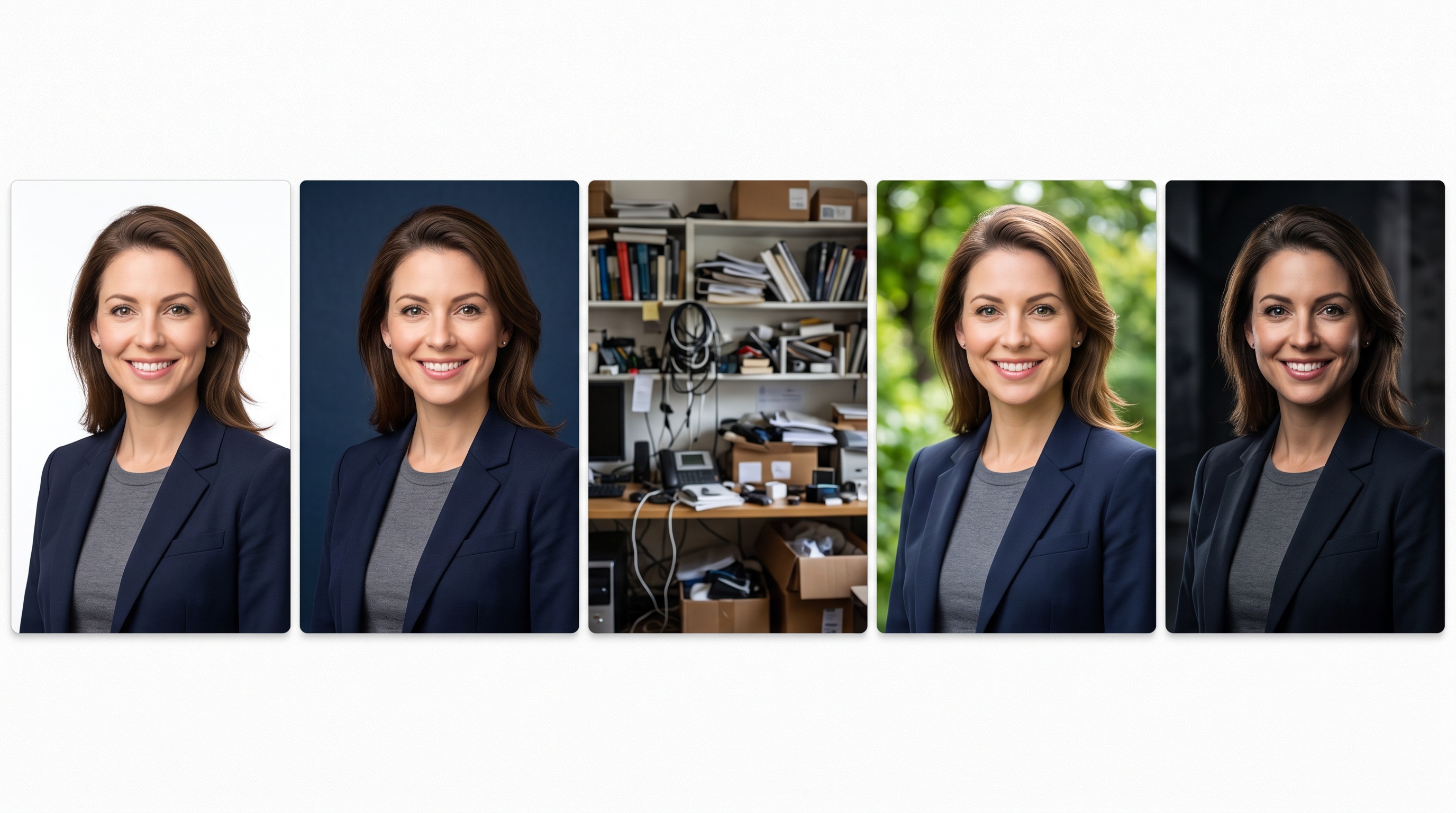 Grid of five professional headshots showing the same person against different backgrounds including white studio, navy blue, cluttered room, outdoor greenery, and dark dramatic, illustrating how background choice affects professional perception