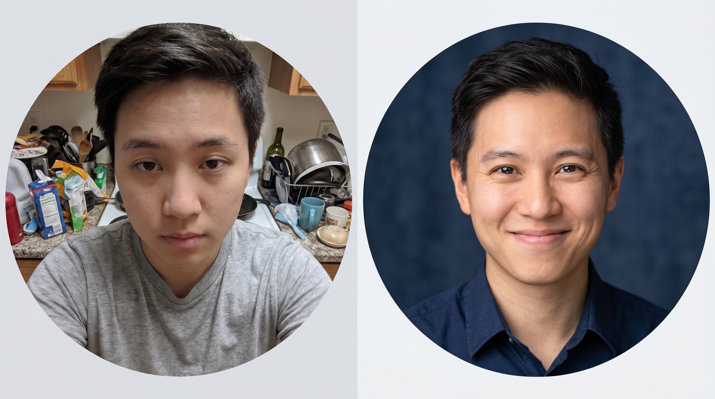 Split-screen comparison of two LinkedIn profile photos: Profile A showing a casual selfie with poor lighting and cluttered background versus Profile B showing a professional headshot with proper framing, genuine smile, and clean navy background