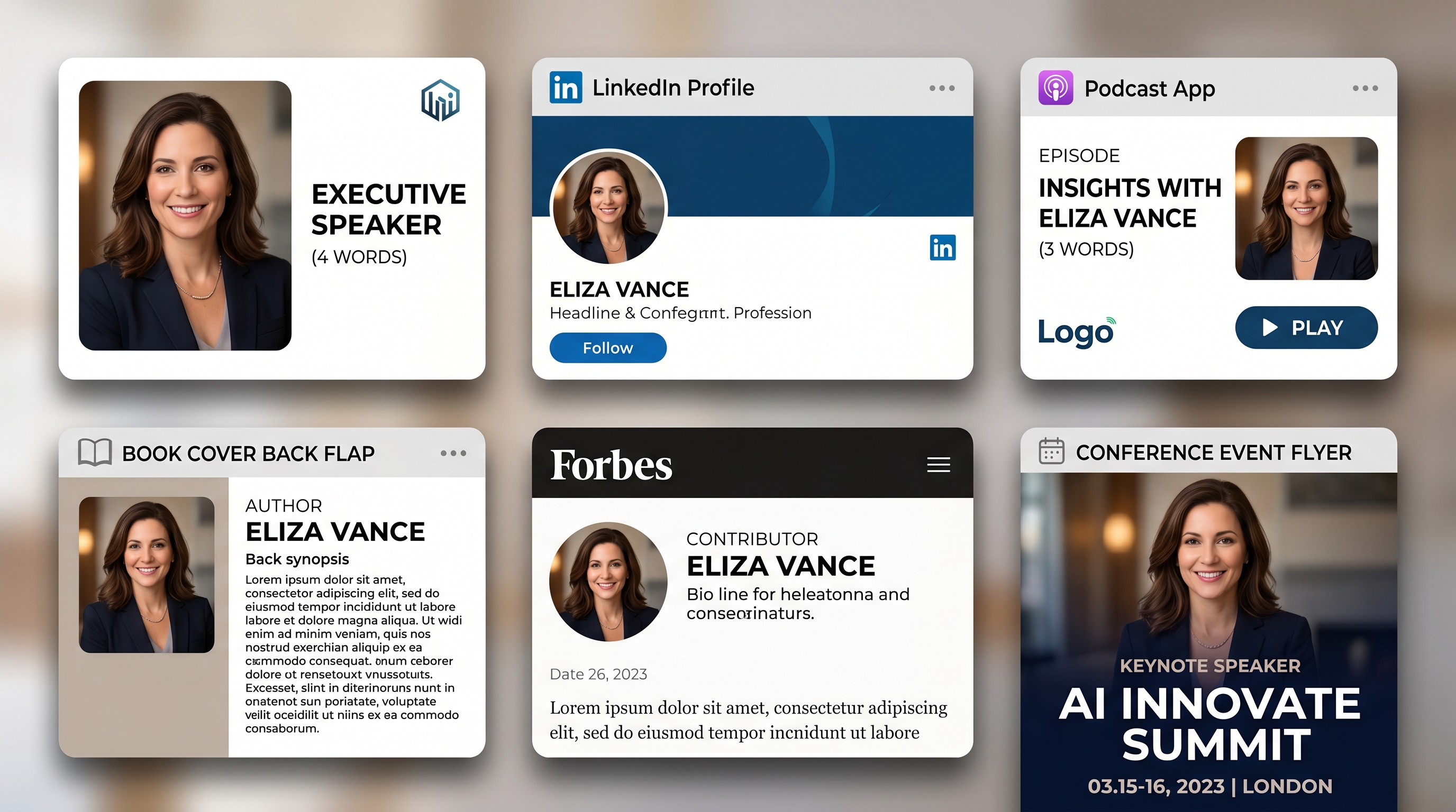 A single professional headshot deployed across six different digital platforms including a speaker bureau, LinkedIn, podcast app, book cover, Forbes page, and event flyer, illustrating the concept of a headshot as a full-time brand asset