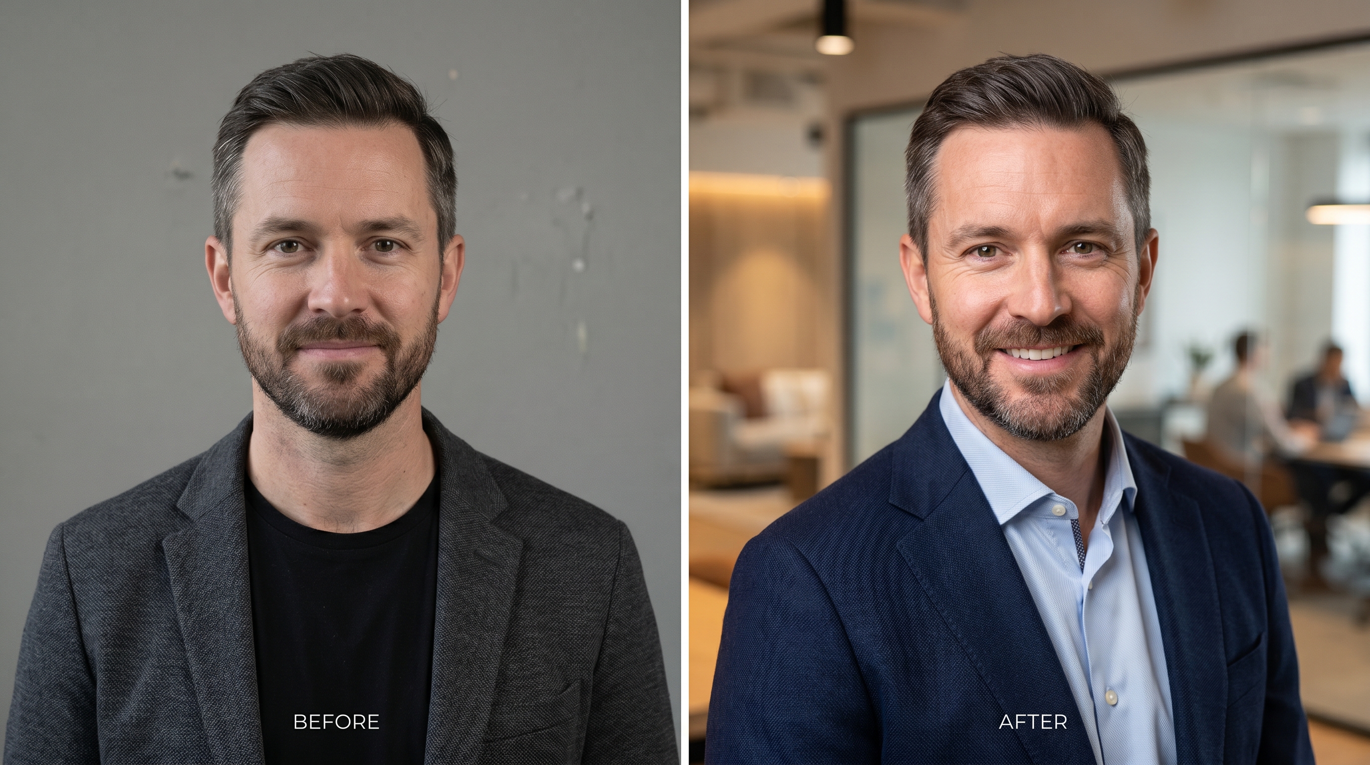 Before and after comparison showing a low-quality, poorly lit headshot transformed into a polished, professionally lit executive portrait with studio-quality lighting and a modern background