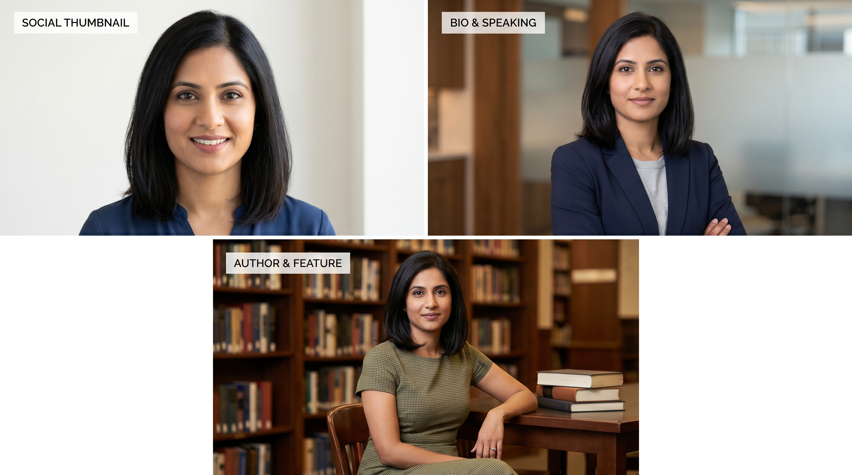 Three professional AI-generated headshot variations of the same executive optimized for different platforms: a tight thumbnail crop, a standard bio crop, and a wider environmental portrait for book jackets