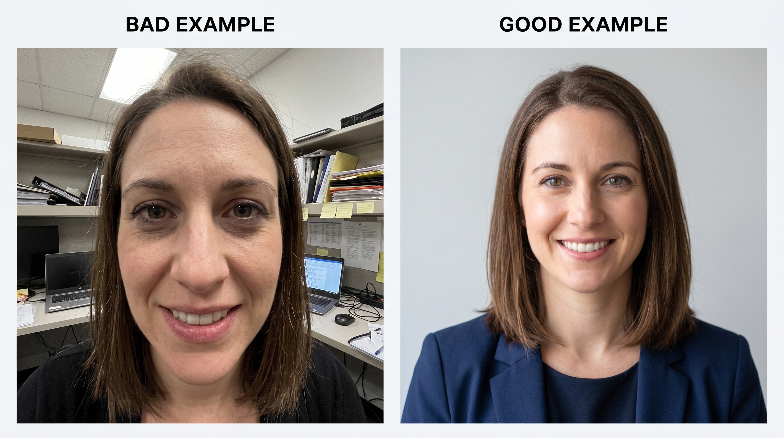 Side-by-side comparison of two headshots taken on the same smartphone showing the difference between poor technique (wide angle, bad lighting, cluttered background) and proper technique (telephoto lens, natural light, clean background)