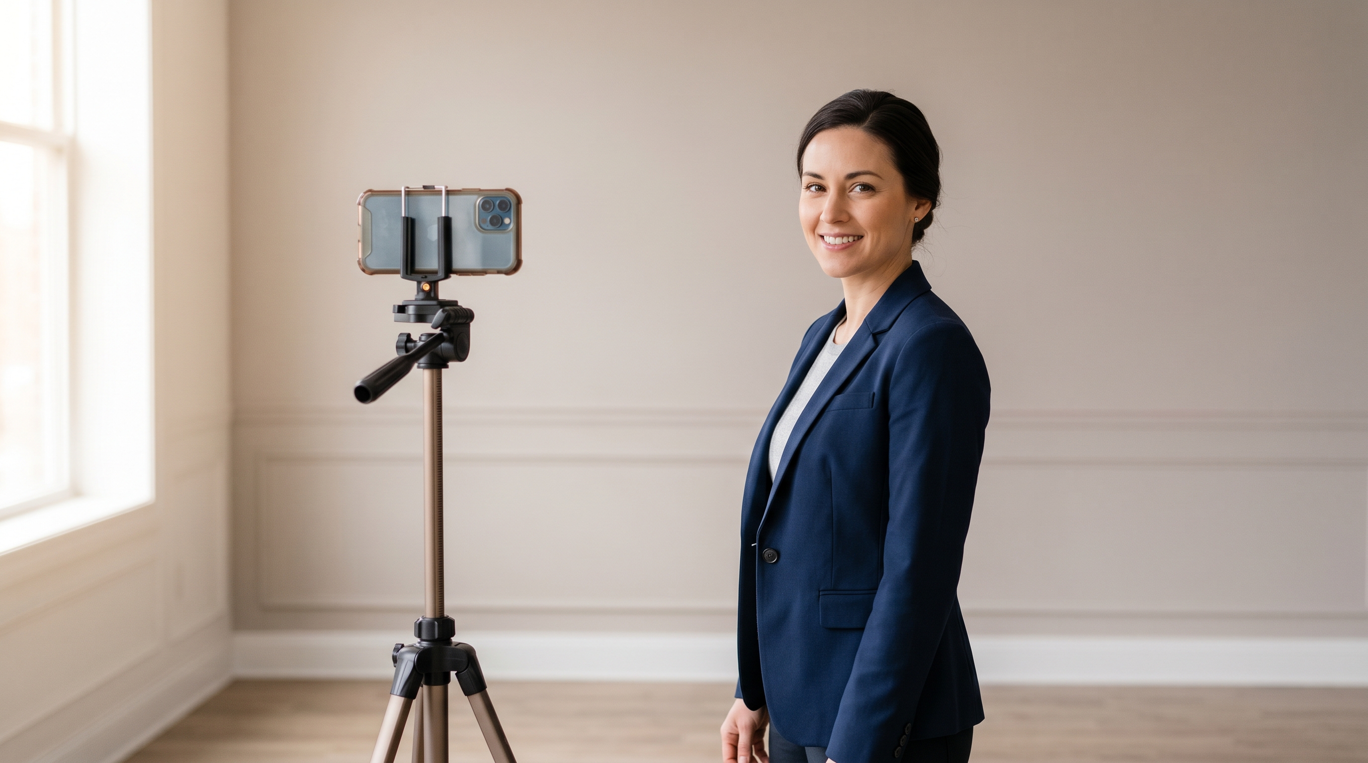 Demonstration of ideal headshot positioning showing camera at eye level on a tripod, subject standing 6-8 feet away in a three-quarter angle pose facing back toward the camera