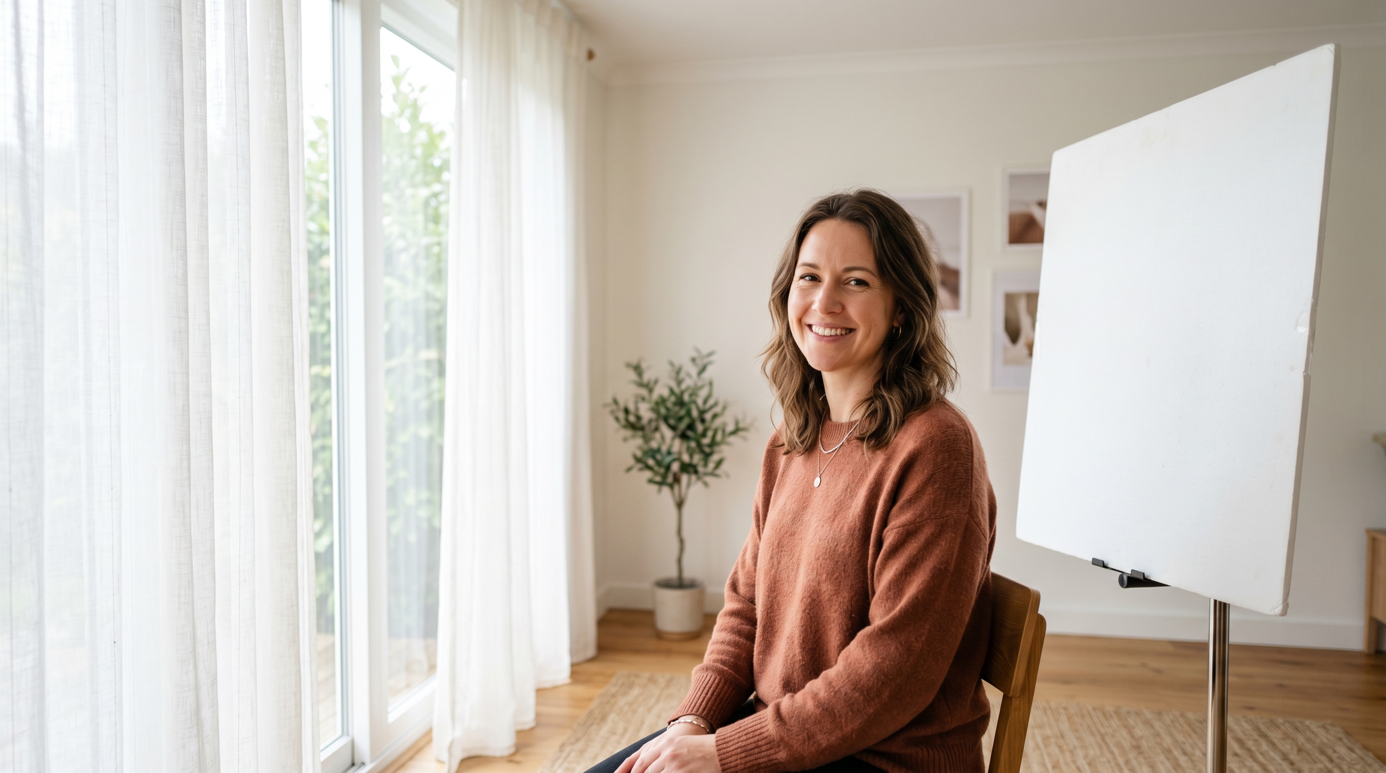 Indoor window light setup for headshot photography showing a subject facing a large window with a white reflector board on the opposite side to fill shadows