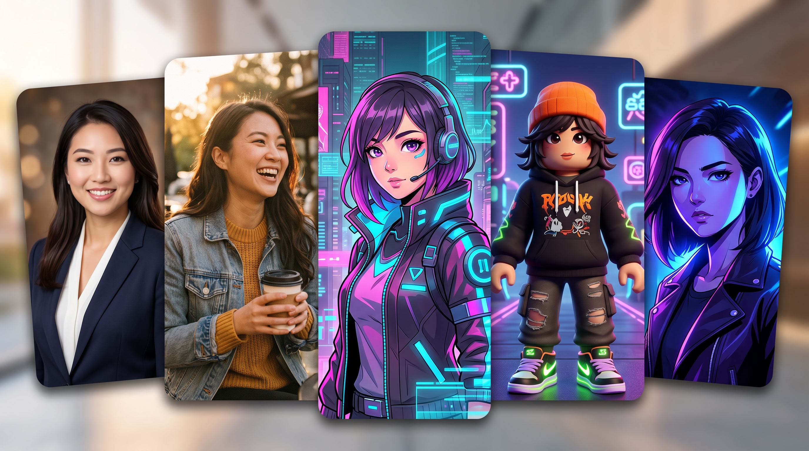 Five different visual identity styles for one person across LinkedIn, Instagram, Discord, Roblox, and X platforms, showing how a single identity spans radically different visual styles
