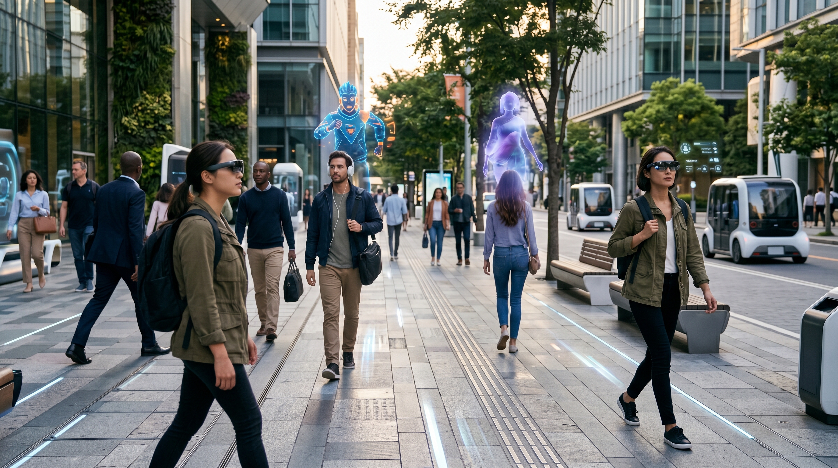Conceptual illustration of a city street scene where AR glasses reveal people's digital avatar personas as holographic overlays in physical space