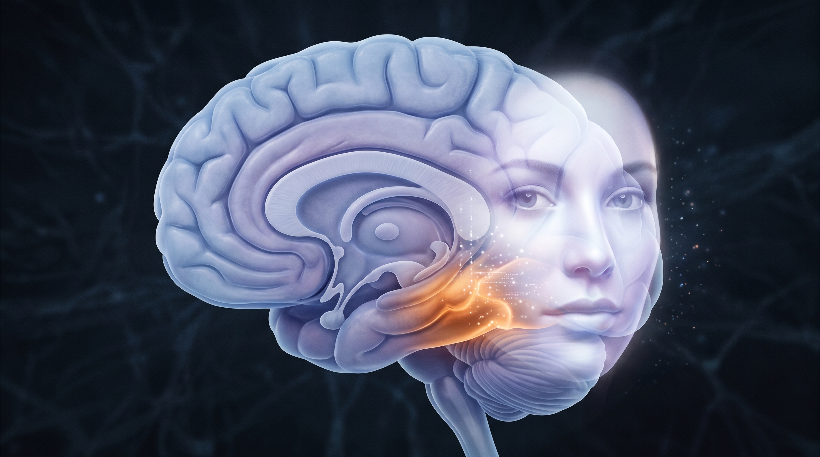 Illustration of the human brain highlighting the fusiform face area, the specialized region responsible for face detection and processing