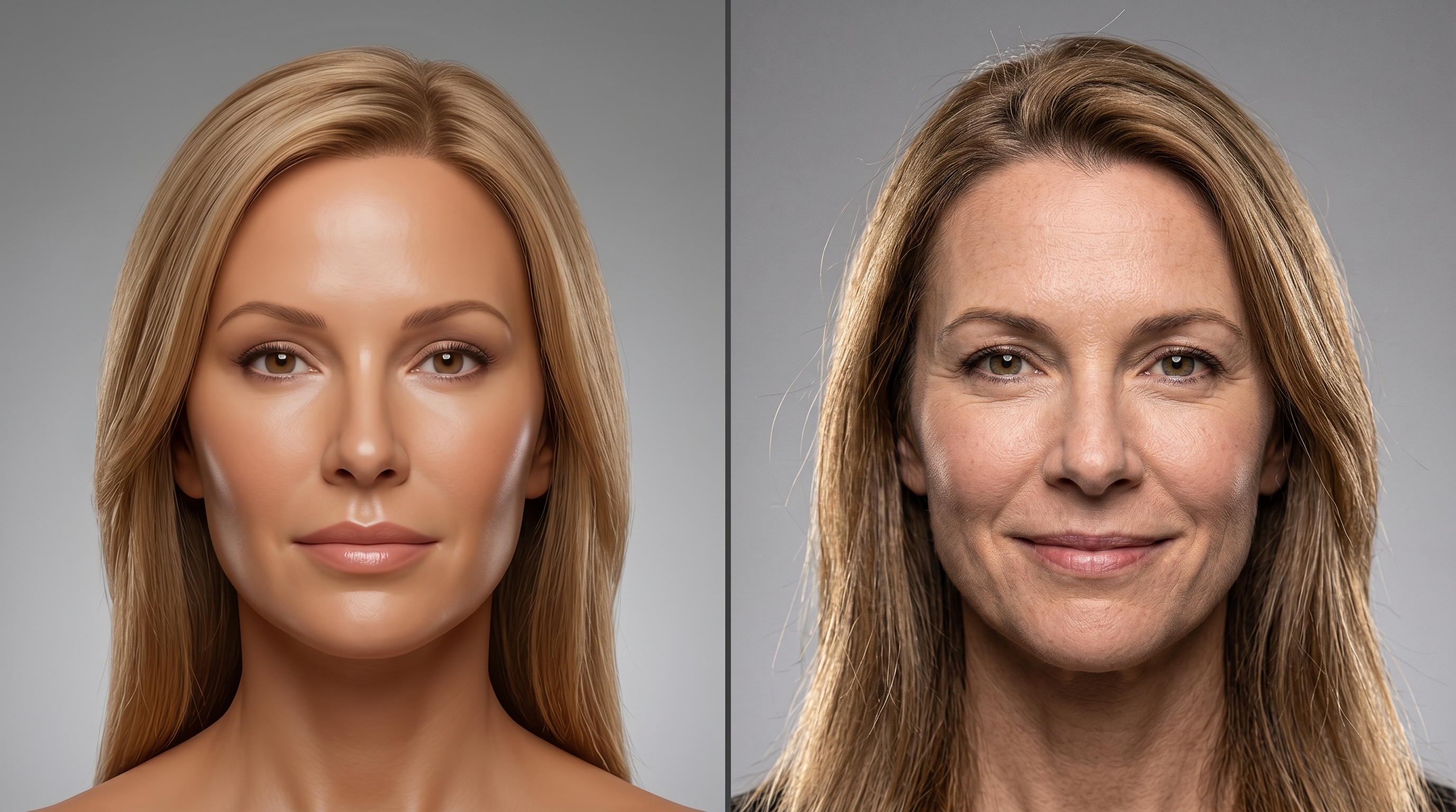 Side-by-side comparison of older AI face generation with waxy smooth skin versus newer generation with realistic skin texture, pores, and natural lighting
