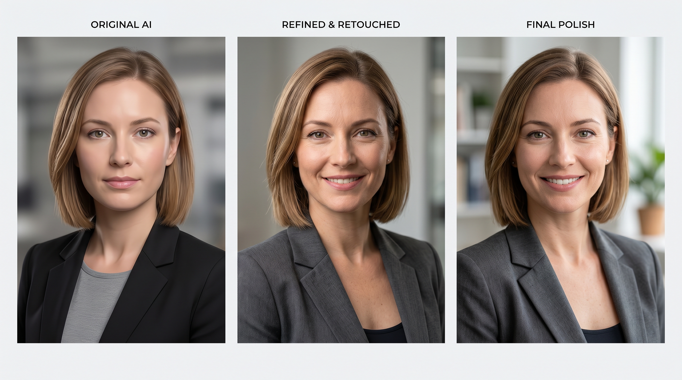 Three-stage progression showing AI headshot refinement from a generic naive prompt result to a refined prompt output to a final inpainted and polished version