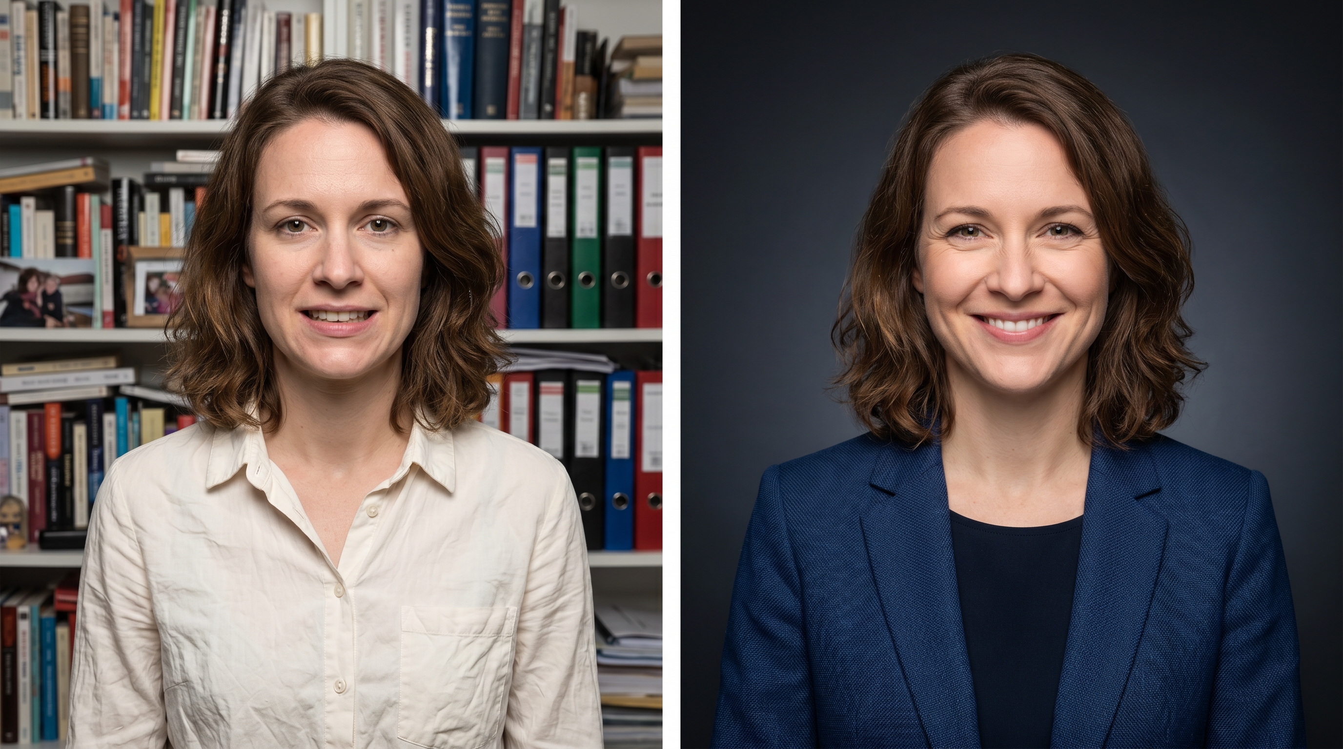 Side-by-side comparison of two headshots showing the difference between poor and optimized background, wardrobe, and expression choices
