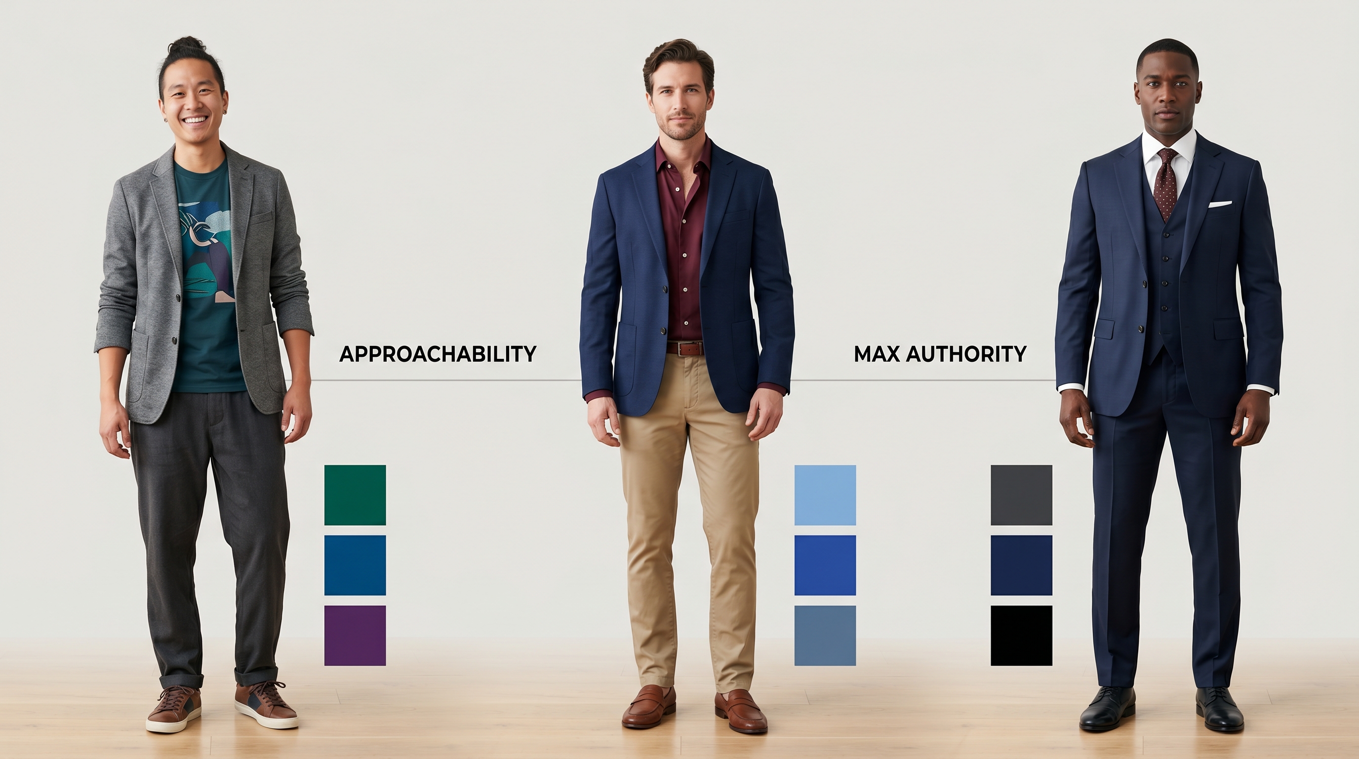Visual spectrum showing professional wardrobe options ranging from approachable creative wear to authoritative formal suiting with color swatches for each industry