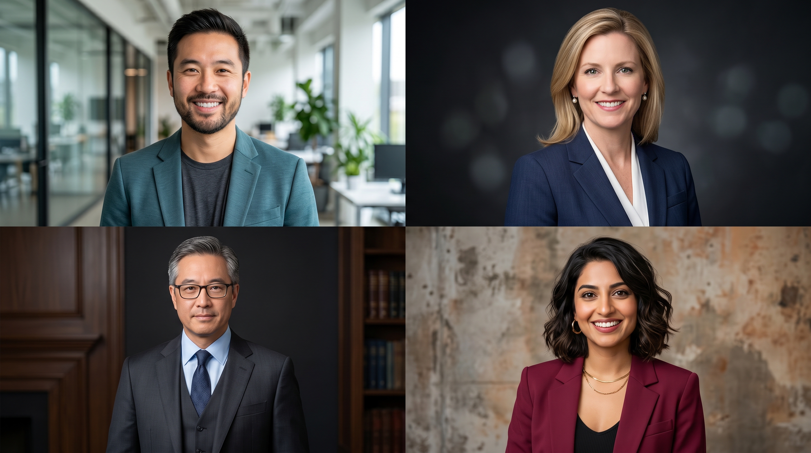 Grid of four optimized headshot examples for tech, finance, legal, and creative industries showing ideal background, wardrobe, and expression combinations
