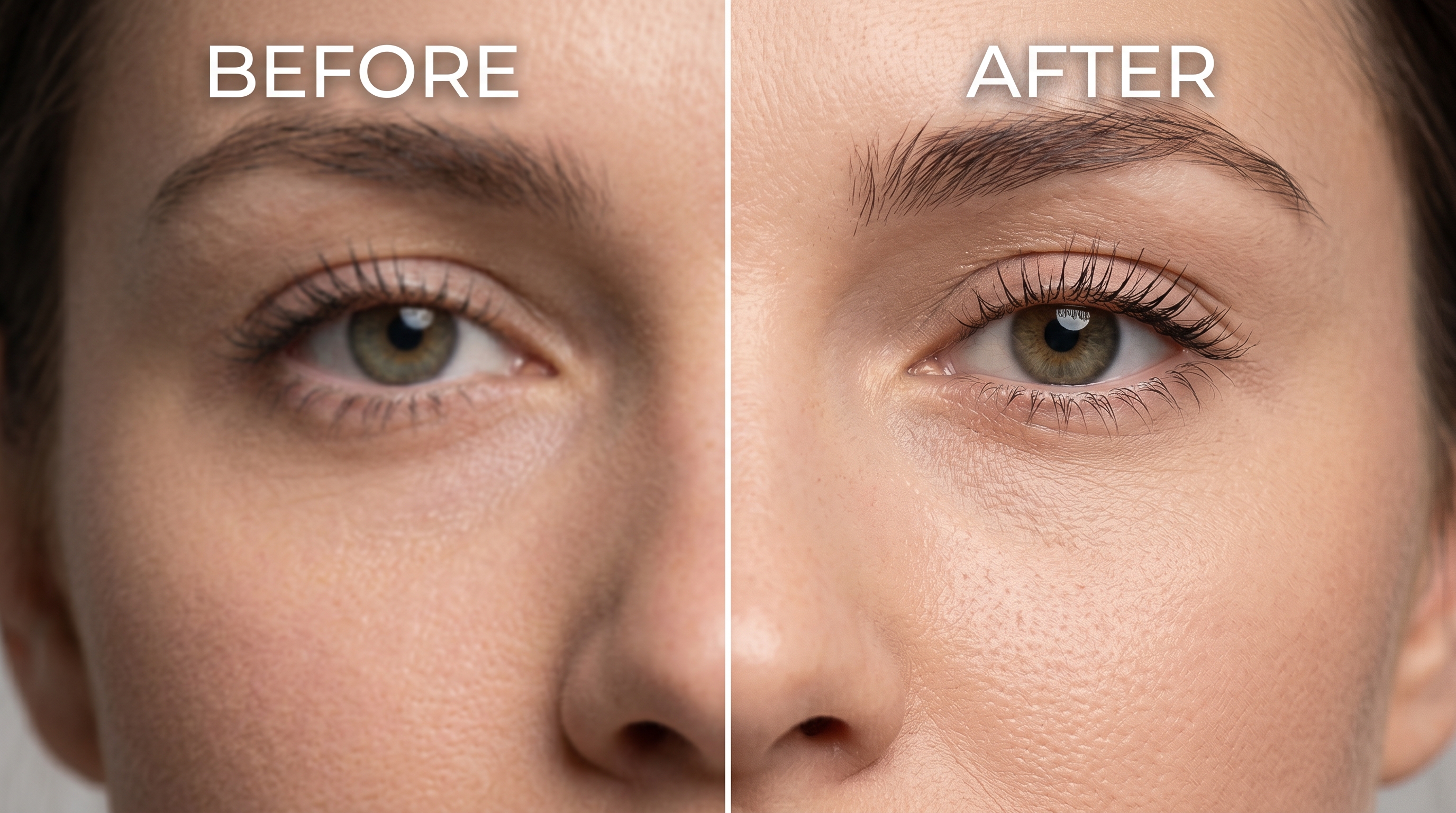 Before and after close-up comparison of an AI-upscaled headshot, showing improved sharpness in the eye and skin texture area alongside subtle synthetic artifacts.