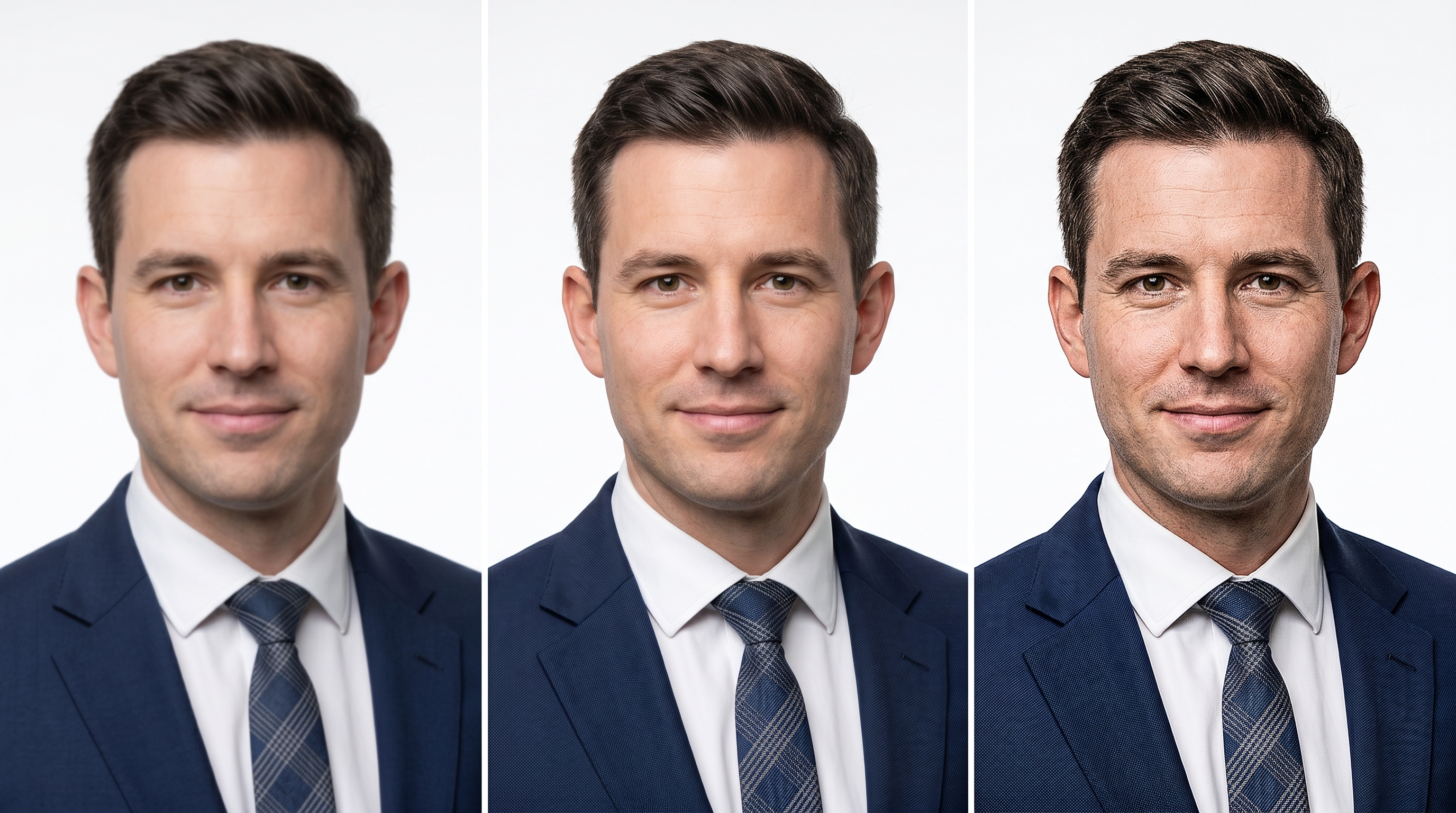 Three AI-generated headshots of the same person produced from different source photo types: smartphone portrait mode input, prime lens input, and AI-upscaled input, showing subtle quality differences in the final output.
