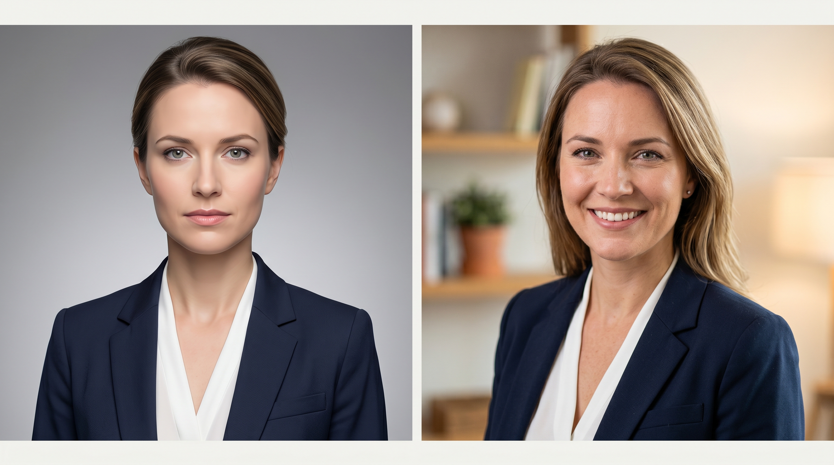 Side-by-side comparison showing a purely AI-generated headshot versus a photographer-directed, AI-enhanced headshot, illustrating the quality difference in expression and lighting