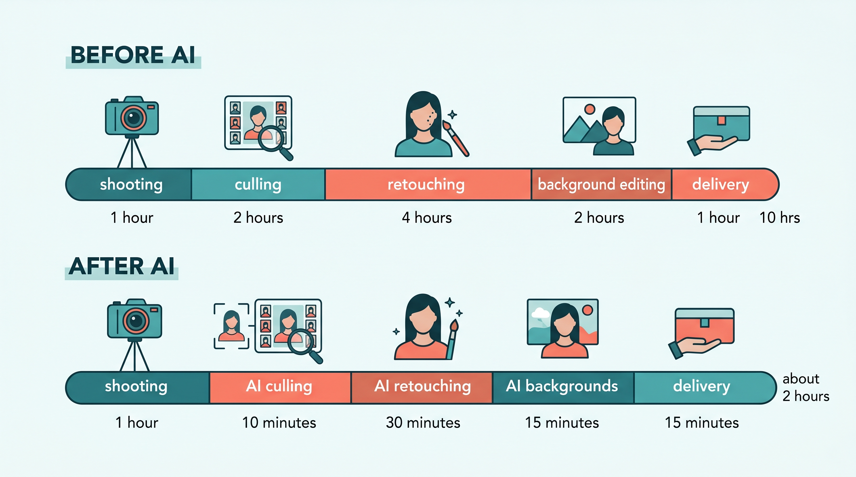 Before and after workflow comparison showing how AI integration reduces a headshot session's total time from approximately 10 hours to 2 hours