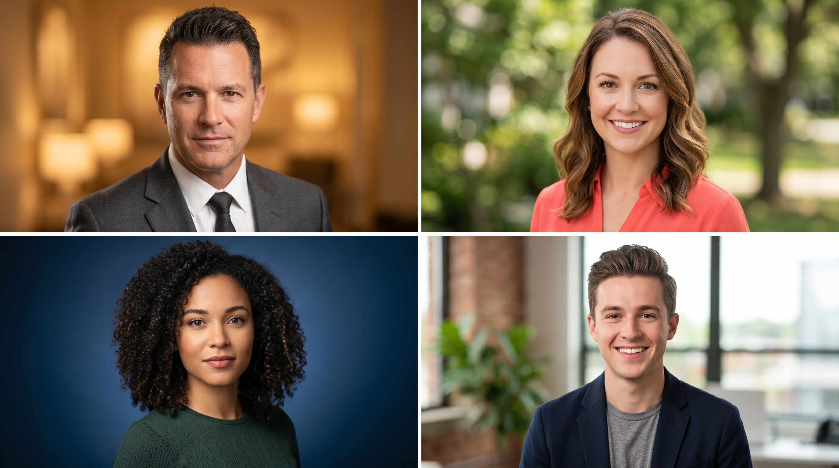 Grid of four professional headshots showing diverse subjects and backgrounds unified by a consistent lighting style and color grading, demonstrating a photographer's signature creative identity