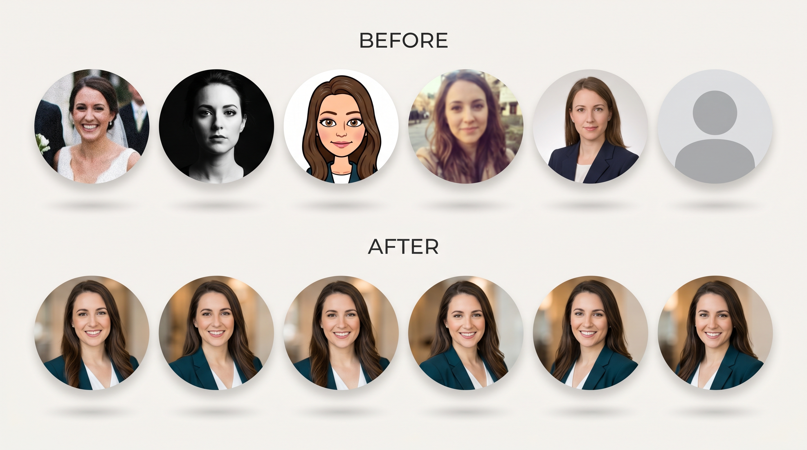 Comparison grid showing six inconsistent profile photos across platforms versus six cohesive, professionally consistent headshots of the same person