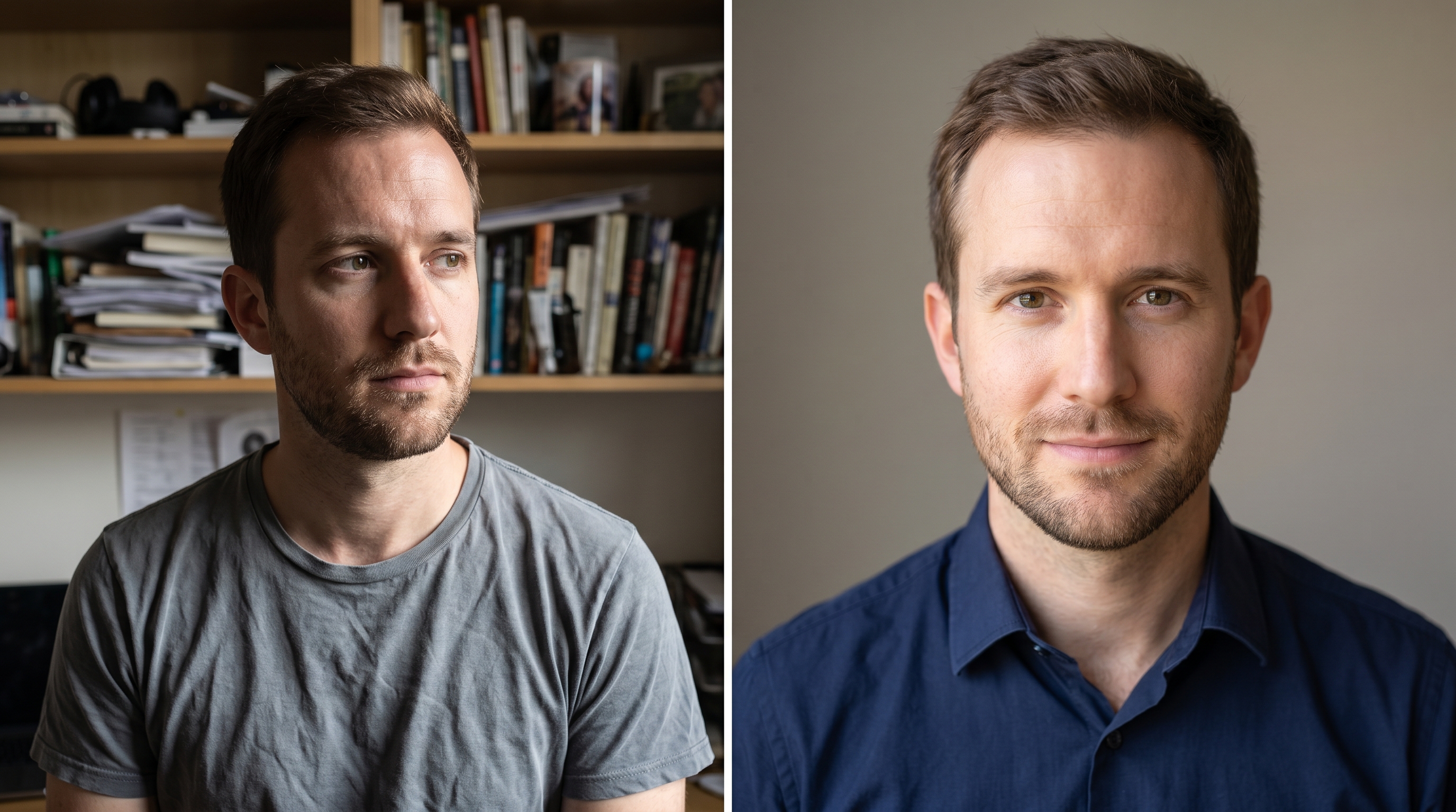 Before and after headshot comparison showing the impact of lighting, attire, eye contact, and background on professional perception