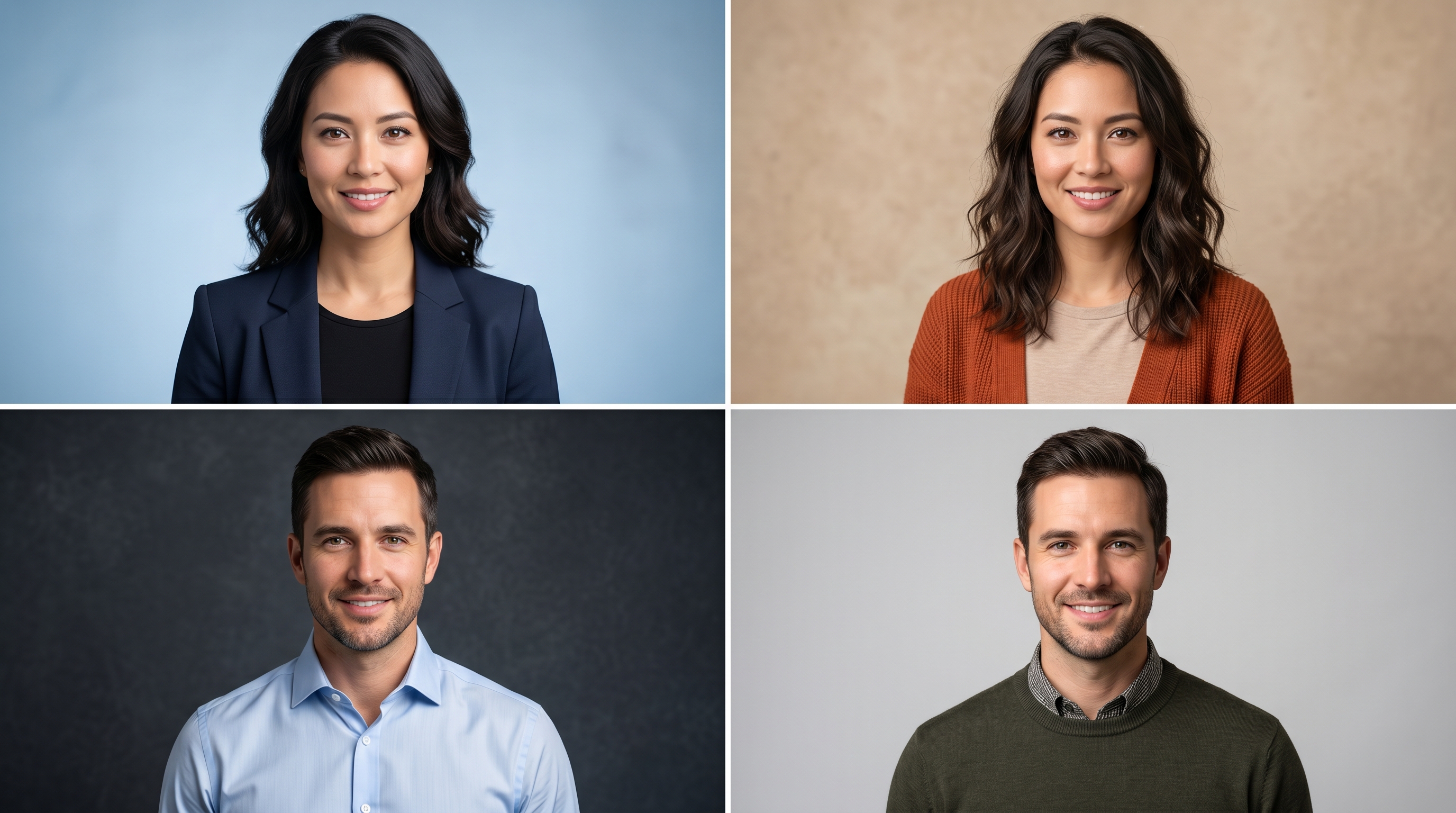 Grid of four AI-generated professional headshots demonstrating different style options including formal, creative, and smart casual variations