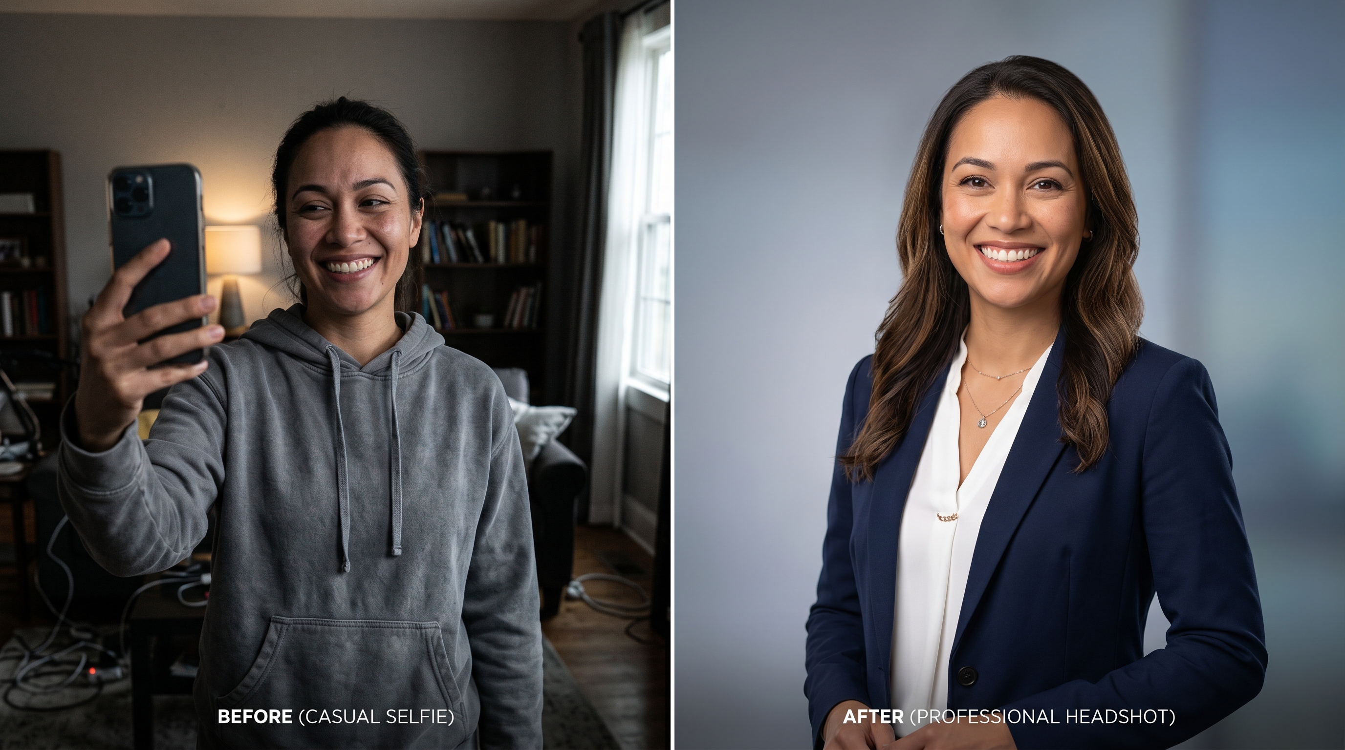 Before and after comparison showing a casual phone selfie transformed into a polished, professional LinkedIn headshot with studio lighting and clean background