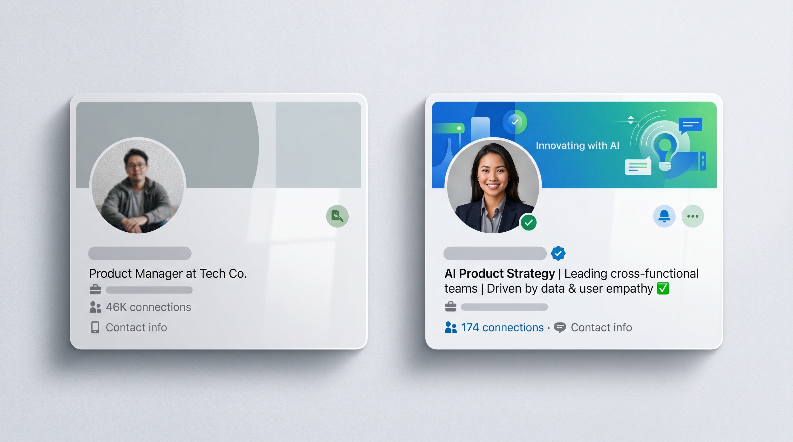 Side-by-side comparison of a weak generic LinkedIn profile header versus a fully optimized profile with professional photo, custom banner, and detailed headline