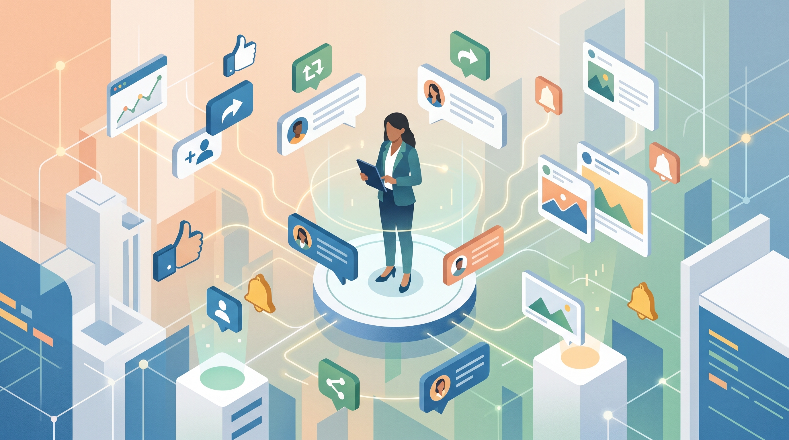Illustration showing a professional at the center of a LinkedIn engagement network with comment bubbles, post cards, and connection notifications radiating outward