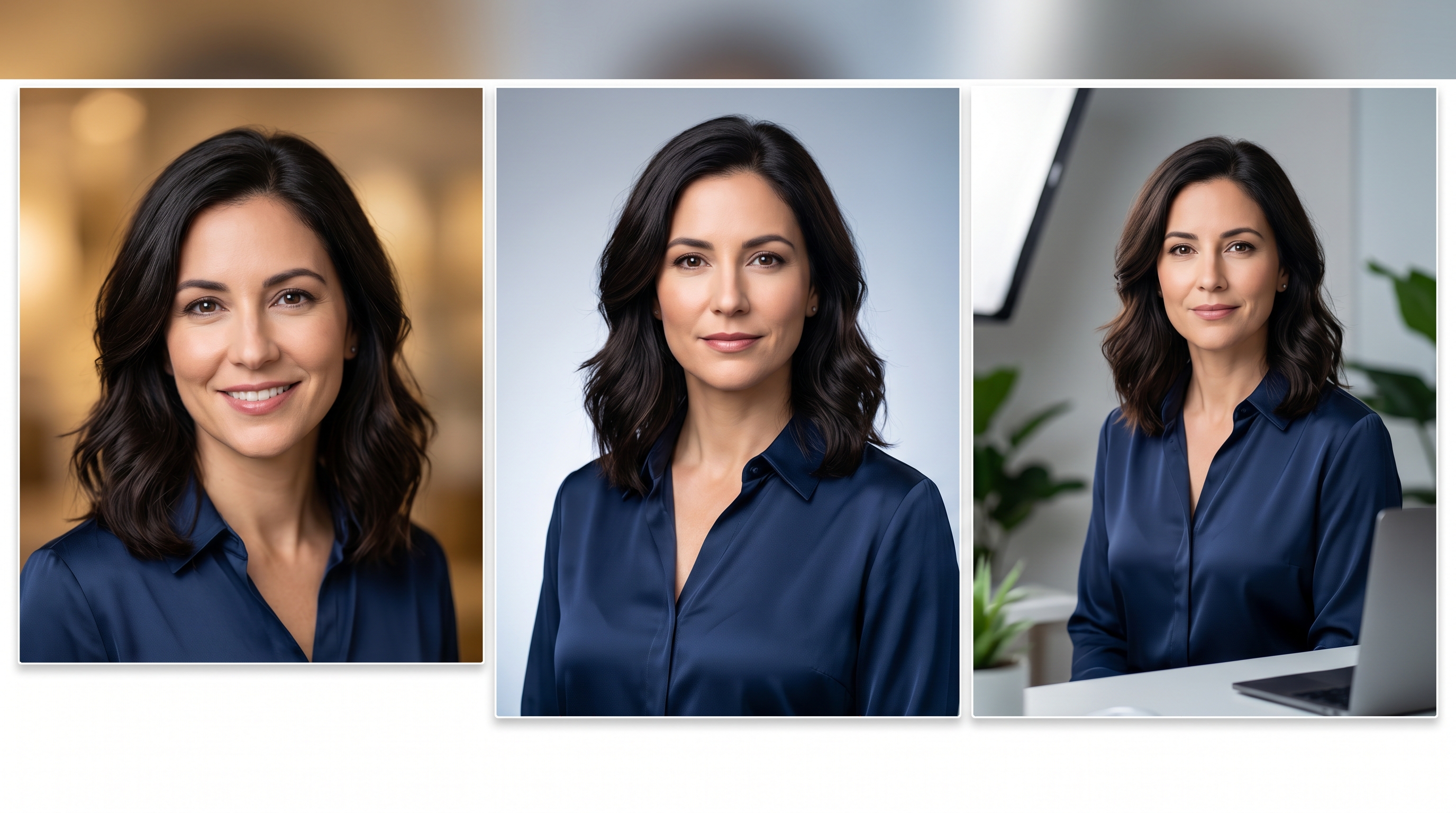 The same professional headshot adapted across three platforms: a square warm crop for Upwork, a formal crop for LinkedIn, and a wider environmental crop for a portfolio site, demonstrating visual consistency with platform-appropriate adjustments.