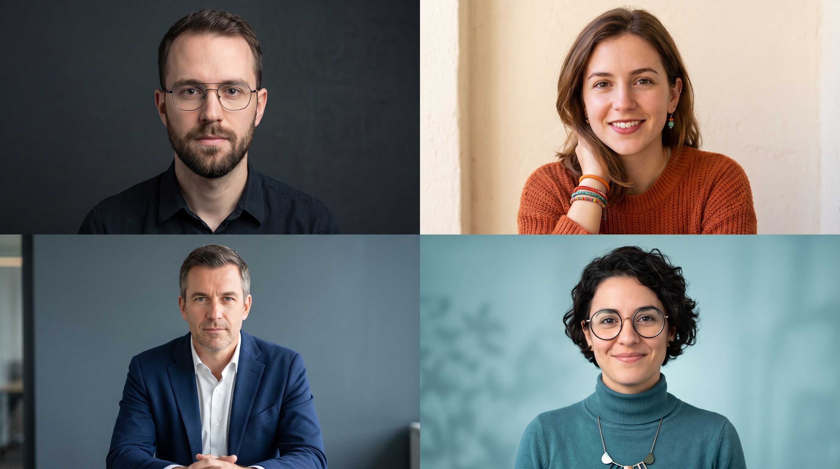 Grid of four professional headshots representing different freelance niches: a developer with dark minimal background, a copywriter with warm tones, a consultant in formal attire, and a UX designer with creative styling, each projecting niche-appropriate visual signals.