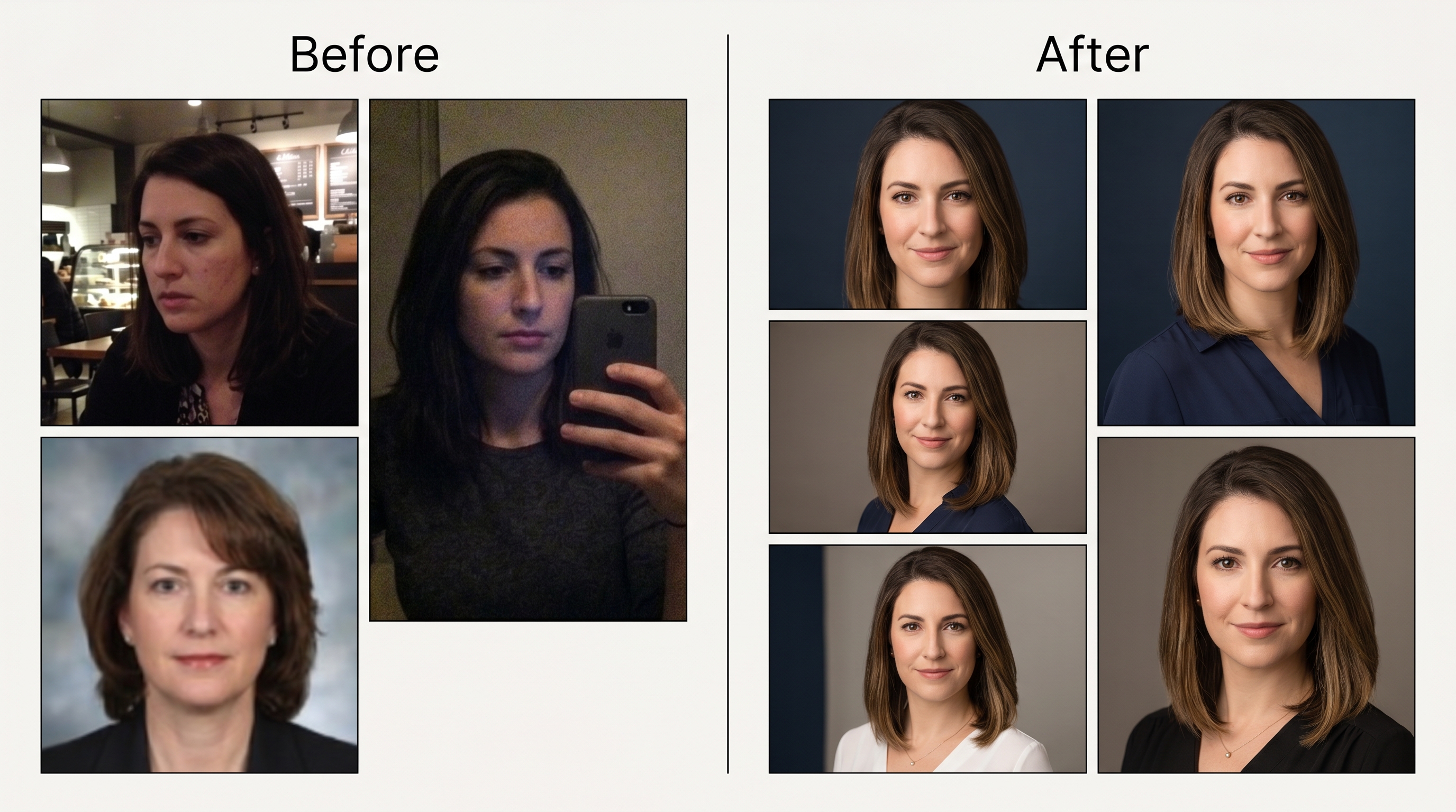 Before-and-after comparison of a freelancer's visual brand: the left side shows three mismatched, inconsistent profile photos, while the right side shows three cohesive, professionally styled headshots with consistent lighting and branding across platforms.