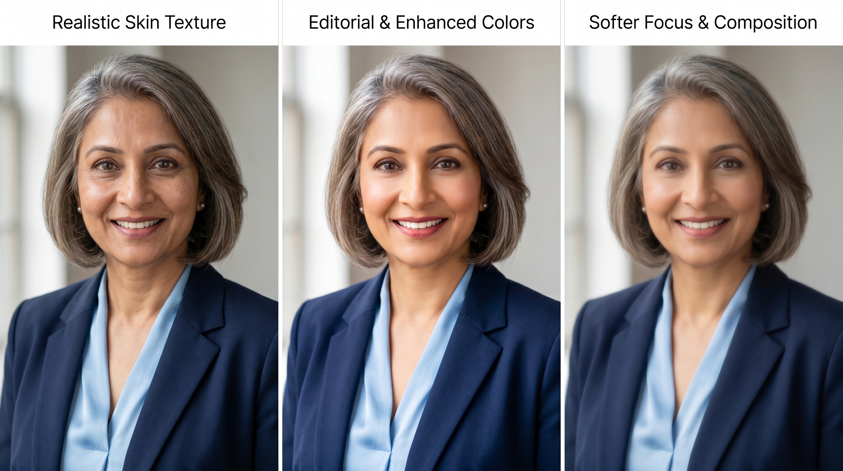 Side-by-side comparison grid of three AI-generated professional headshots showing differences in photorealism, skin texture, and lighting quality across different generation approaches