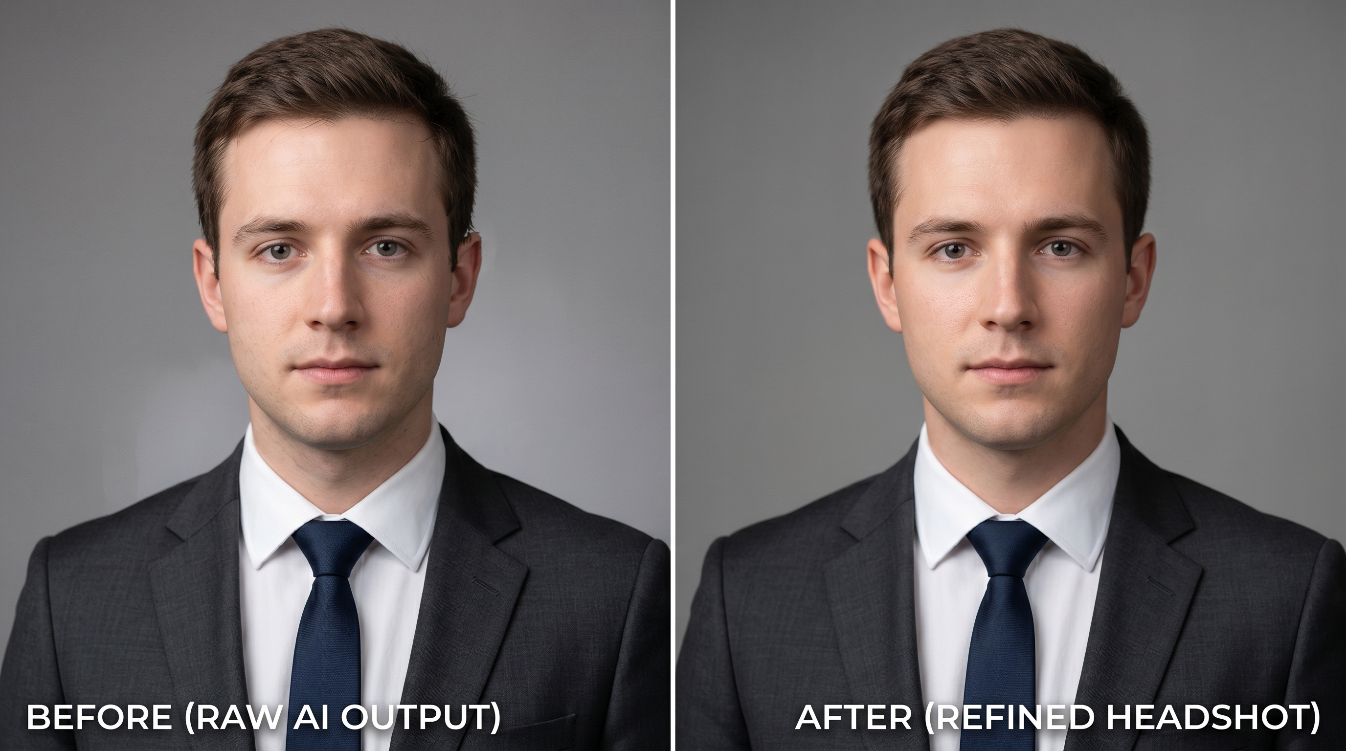 Before and after comparison of an AI-generated headshot showing raw output with minor artifacts alongside a polished, refined final version