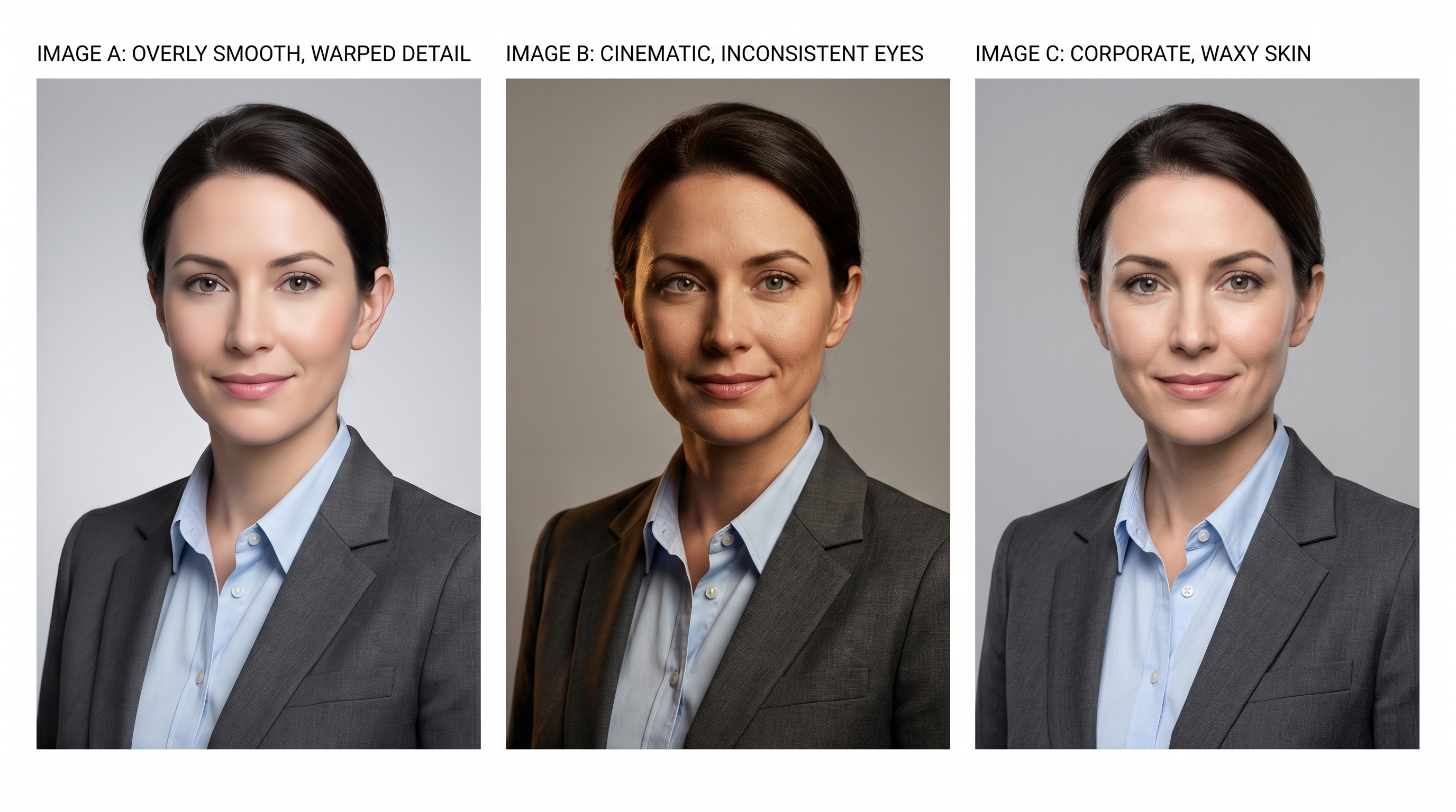 Side-by-side comparison grid showing the same professional headshot prompt generated by three different AI image generators, each with subtly different quality characteristics
