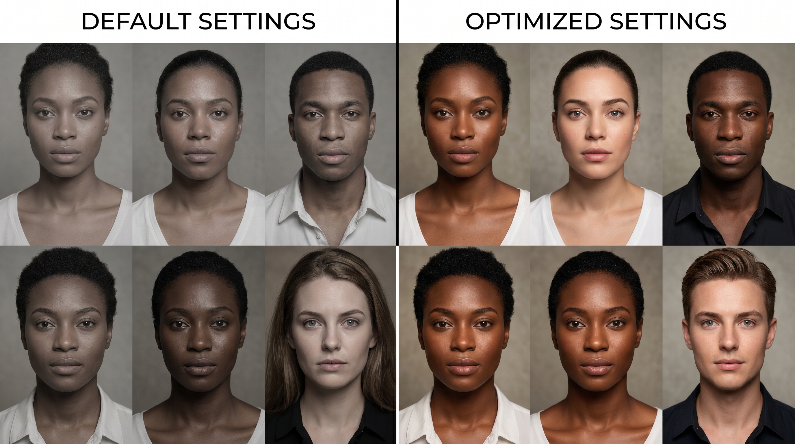 Before and after comparison of AI-generated portraits showing diverse skin tones at default settings versus optimized settings, demonstrating the significant quality improvement possible with expert configuration