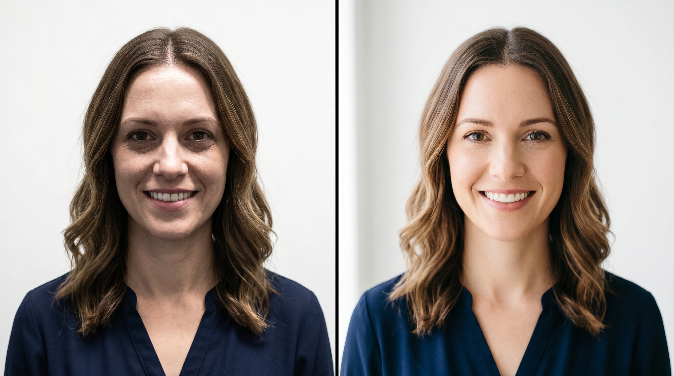 Side-by-side comparison showing the same person photographed in harsh overhead light versus soft window light, demonstrating how lighting dramatically affects headshot quality