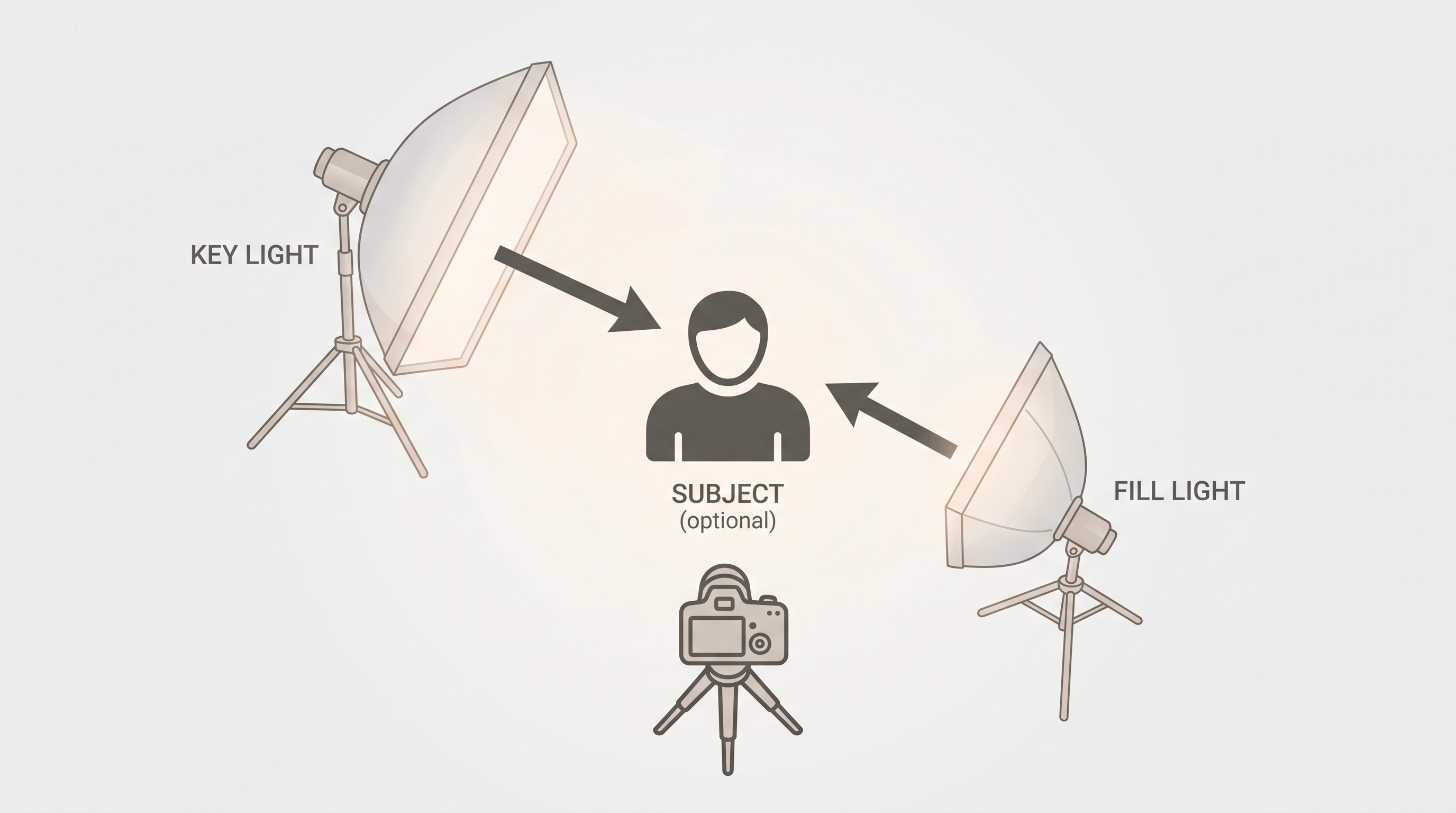 Overhead diagram illustrating a two-point softbox lighting setup showing key light at 45 degrees, fill light on opposite side, camera position, and subject placement